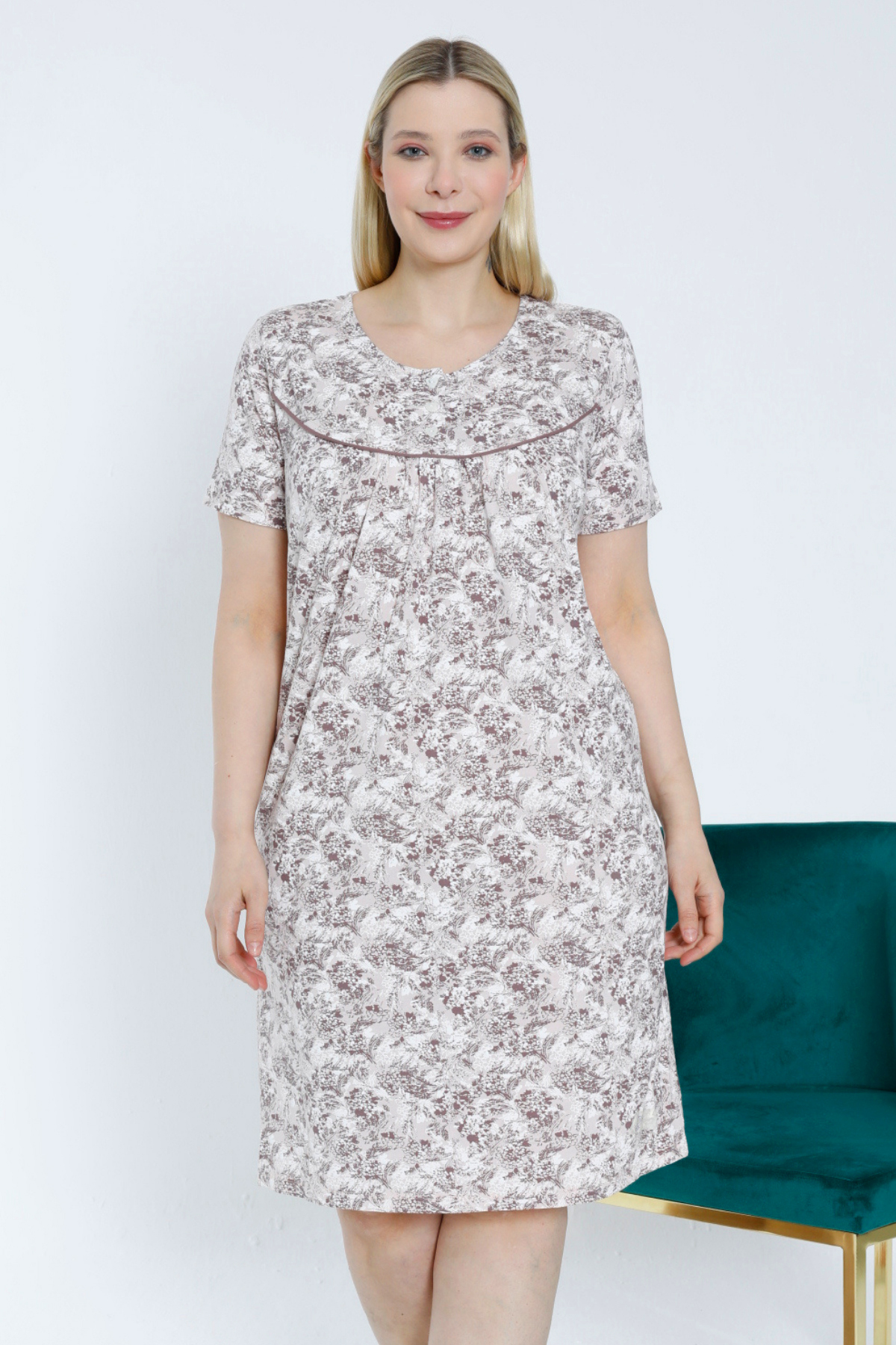 women's Short Sleeve Patterned Connecting Stretchy Viscose Plus Size Nightgown