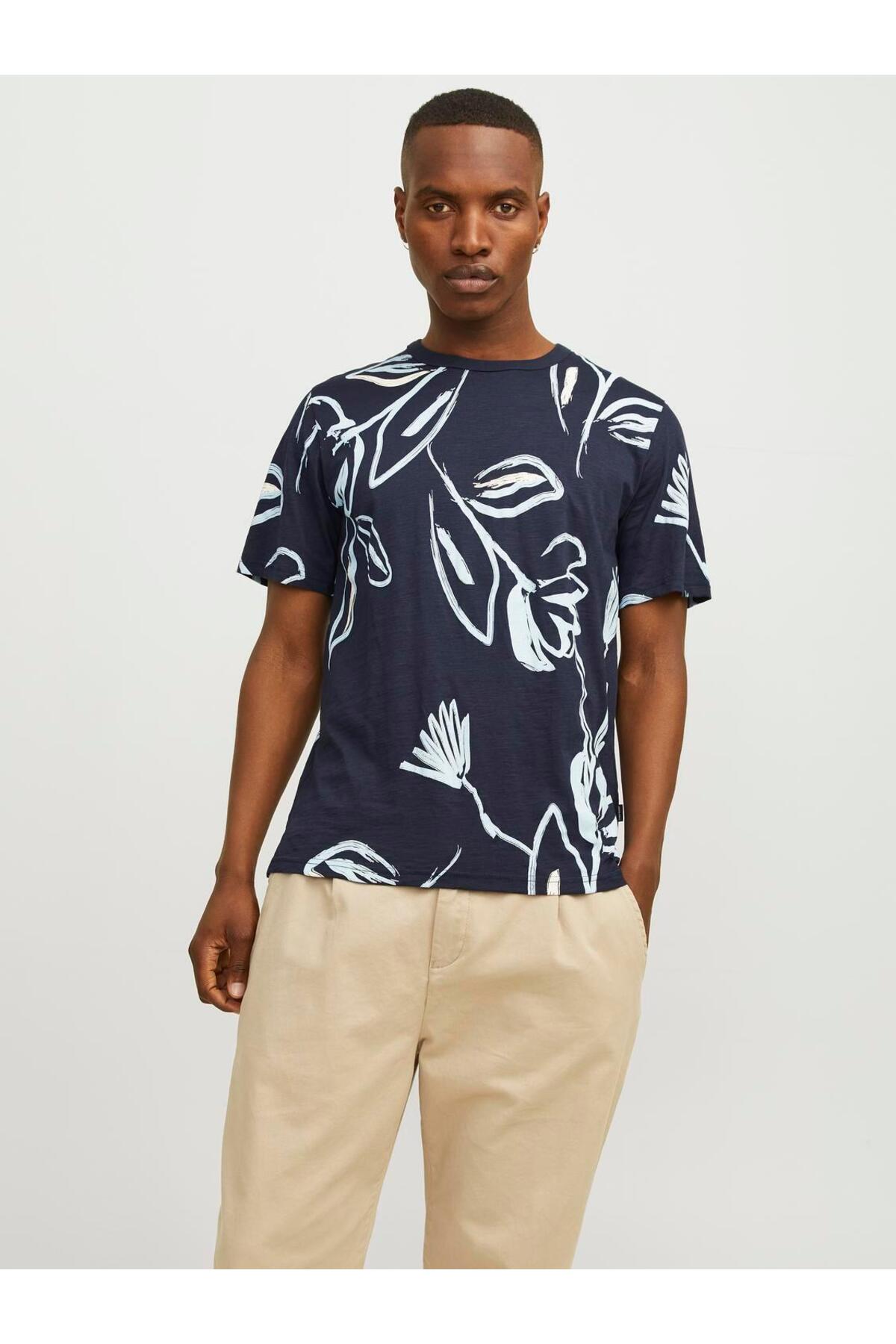 تیشرت مردانه آبی سرمه ای جک اند جونز | 12253552 اورجینال - تصویر 2