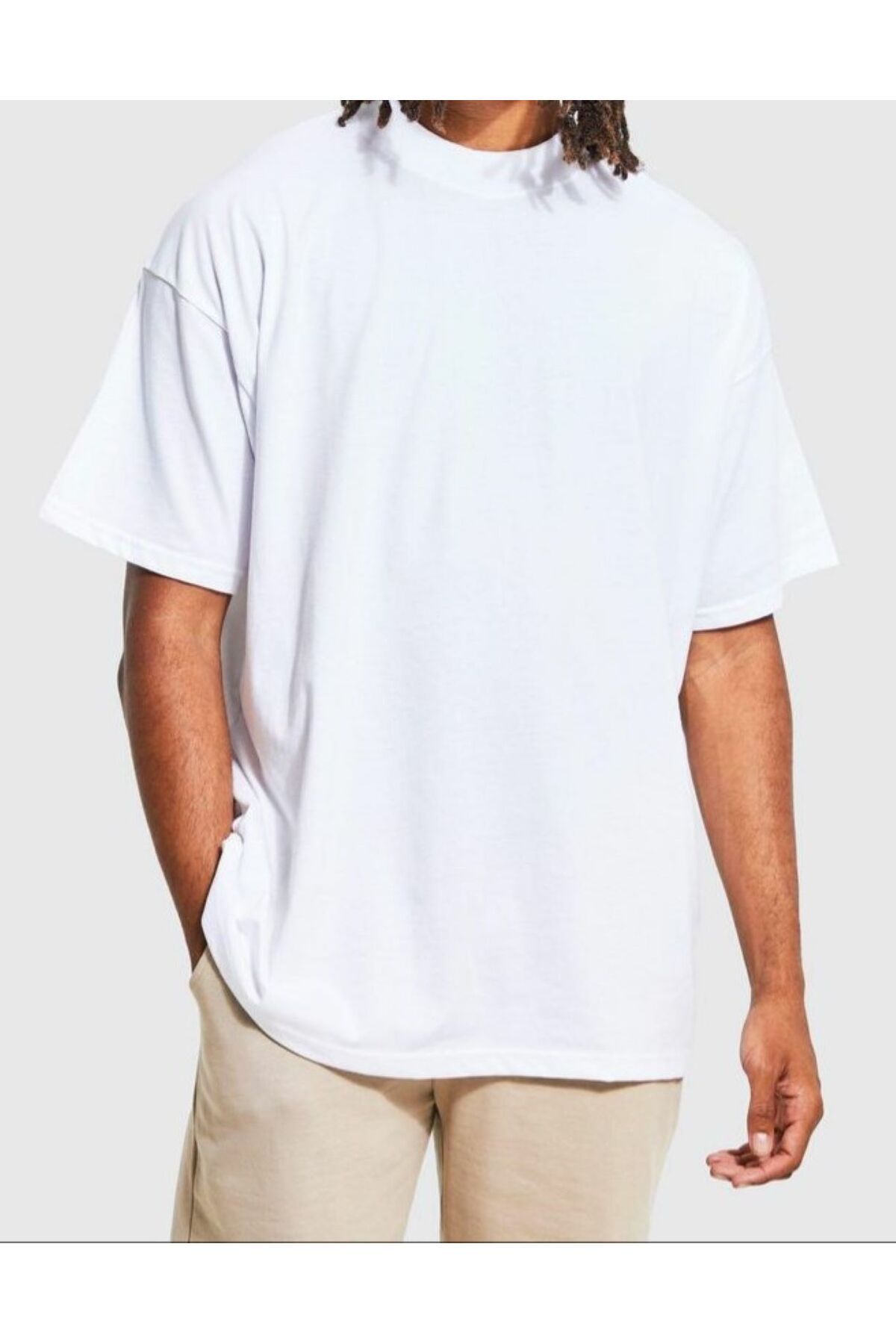 Erkek Oversize Beyaz Sıfır Yaka T-Shirt