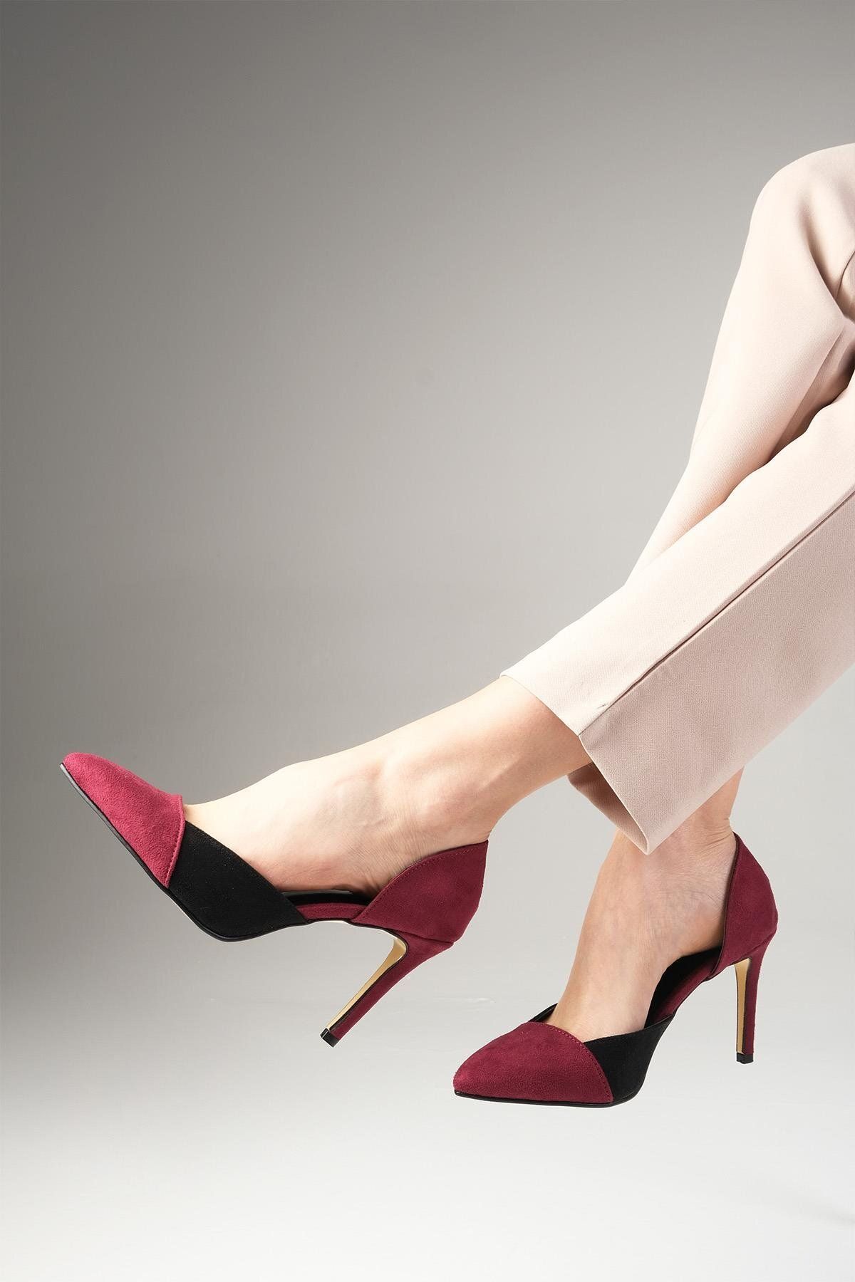 Mio Gusto-Brien – Wildlederschuhe mit Farbblockierung in Burgunderrot und Schwarz für Damen mit Stilettoabsatz 4