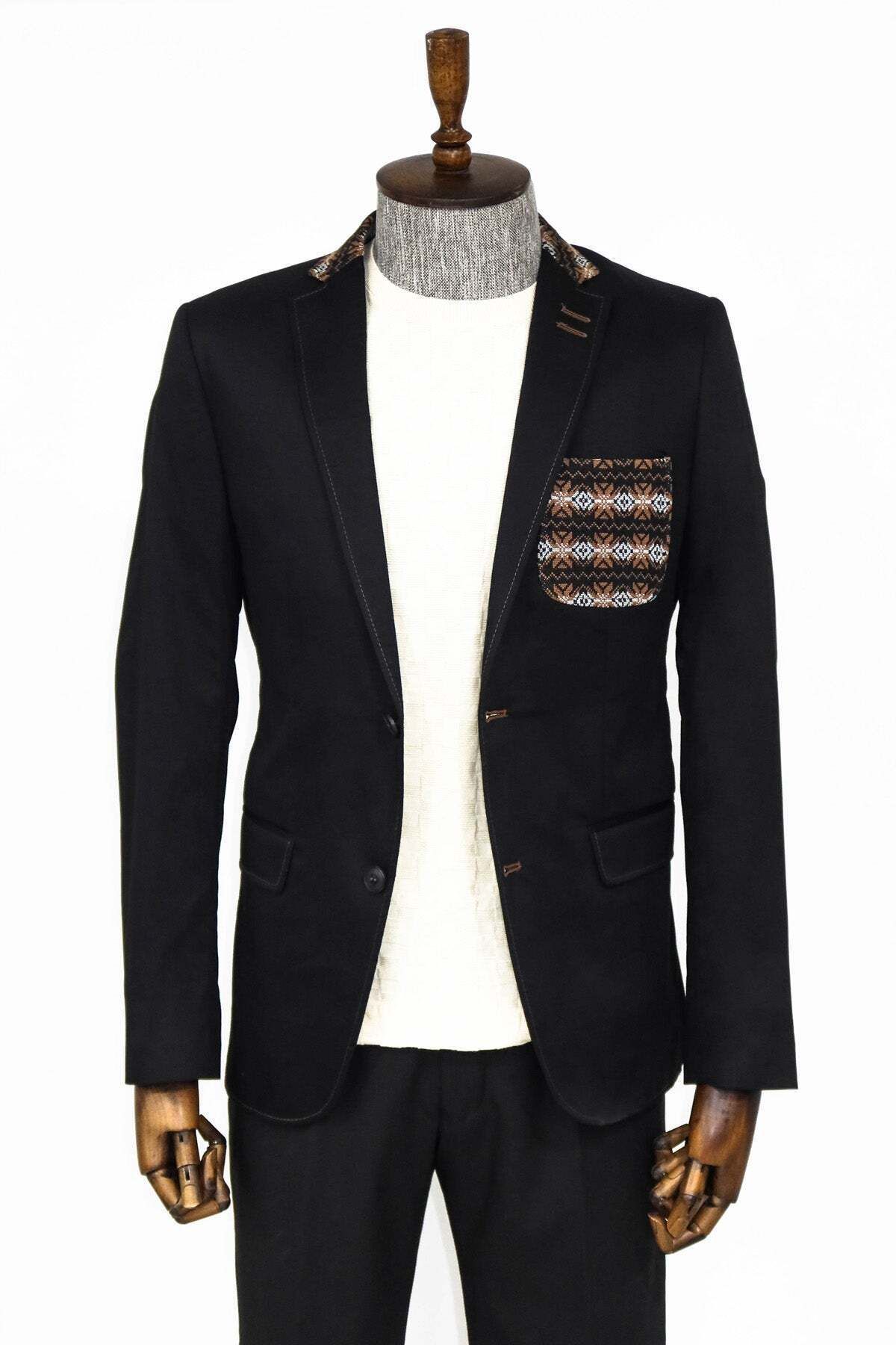 Wessi-Black Men's Knitted Collar Jacket - Double Button - Wessi 1