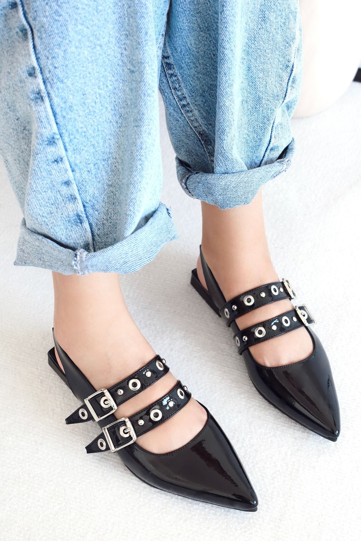 POLKA STORE-Pointed Toe Double Banded Troc Detailed Women's Shoes 7