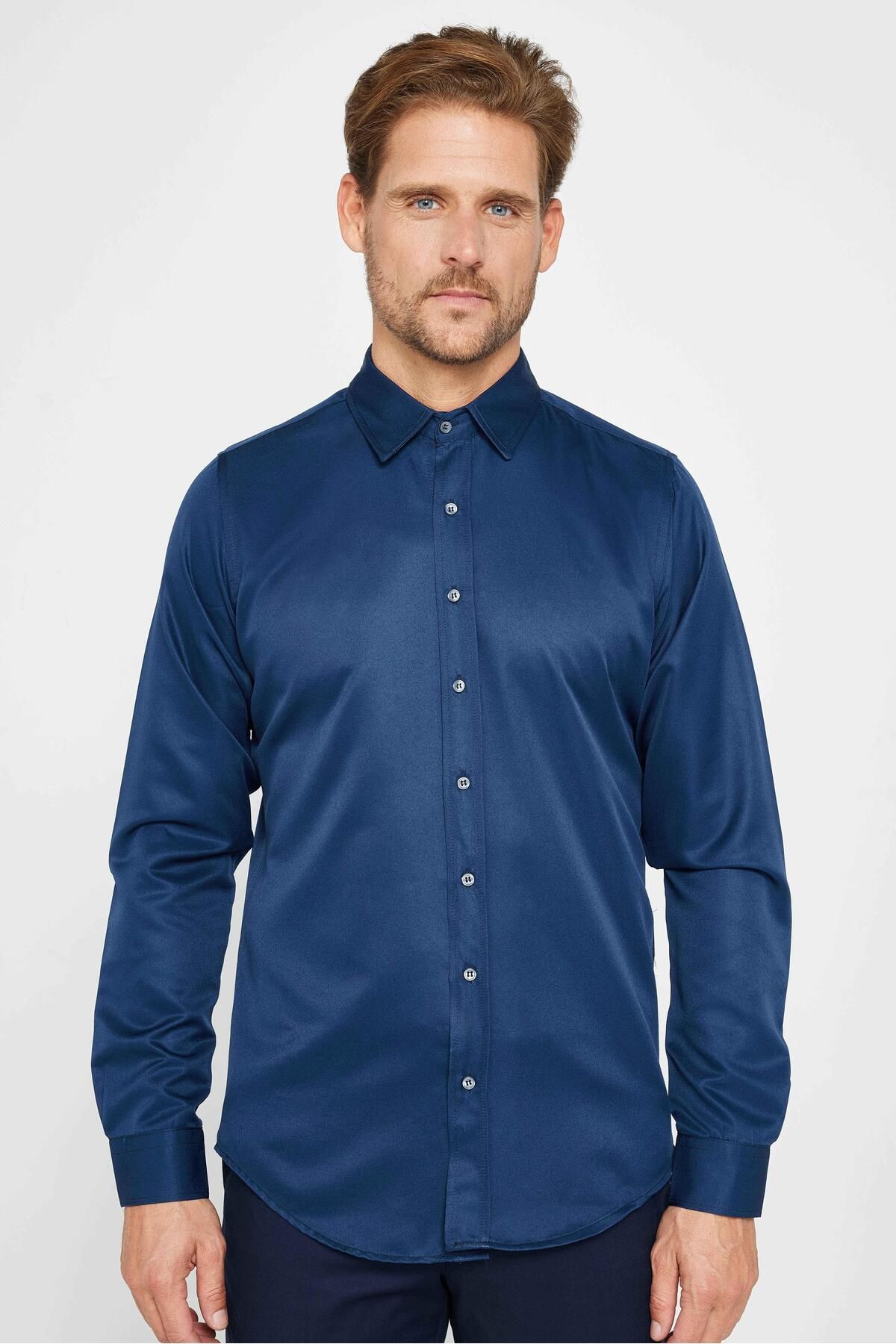 Slim Fit Uzun Kollu Kolay Ütü Teri Emen Nefes Alan Doku Kravatlık Dört Mevsim Lacivert Erkek Gömlek
