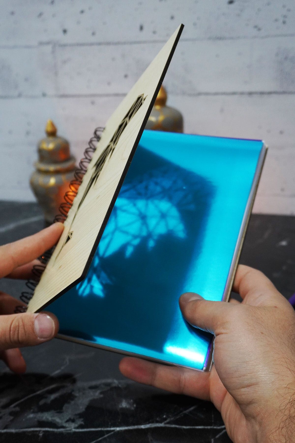 markcat-Dolphin Patterned Figured Wooden Cover Diary Notebook - Unlined A5 Memory Notebook 2
