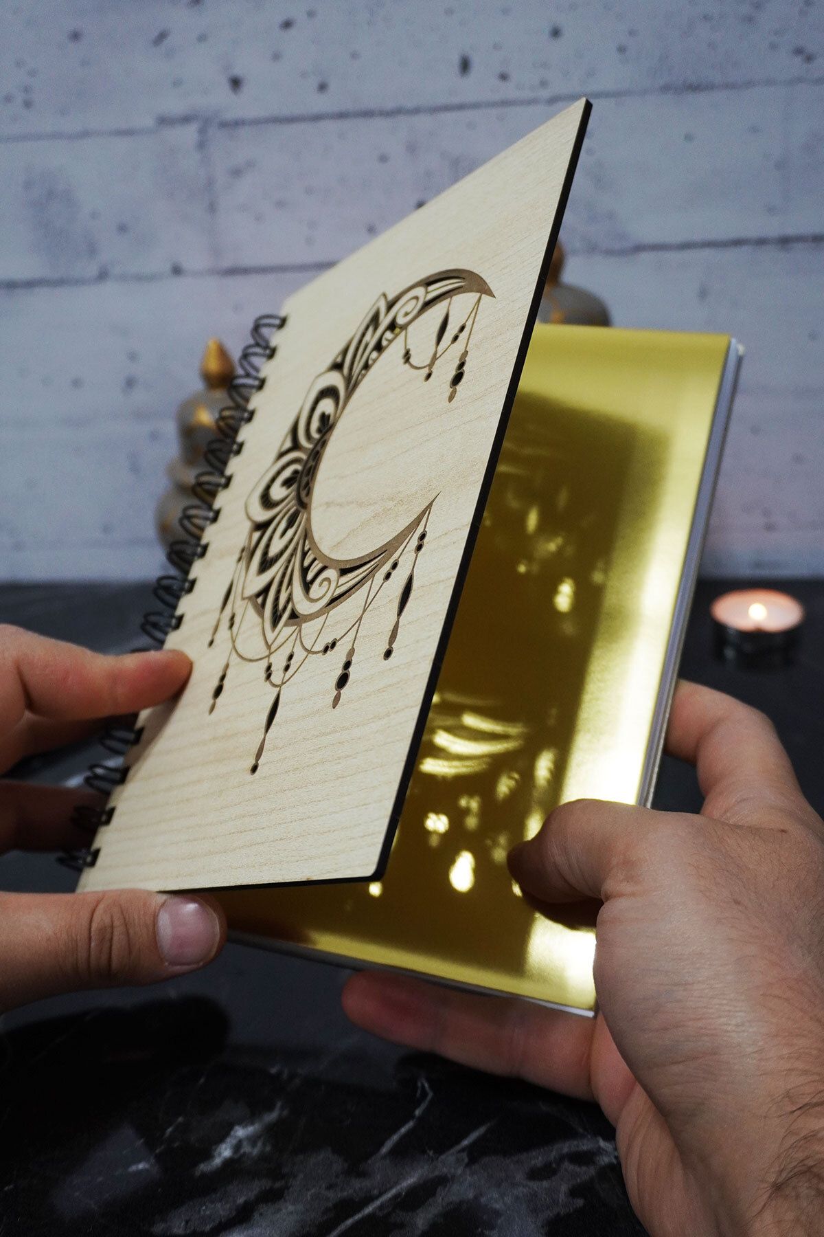 markcat-Mandala Patterned Notebook with Wooden Cover - Unlined Agenda and Daily Use - A5 Memory Book 2