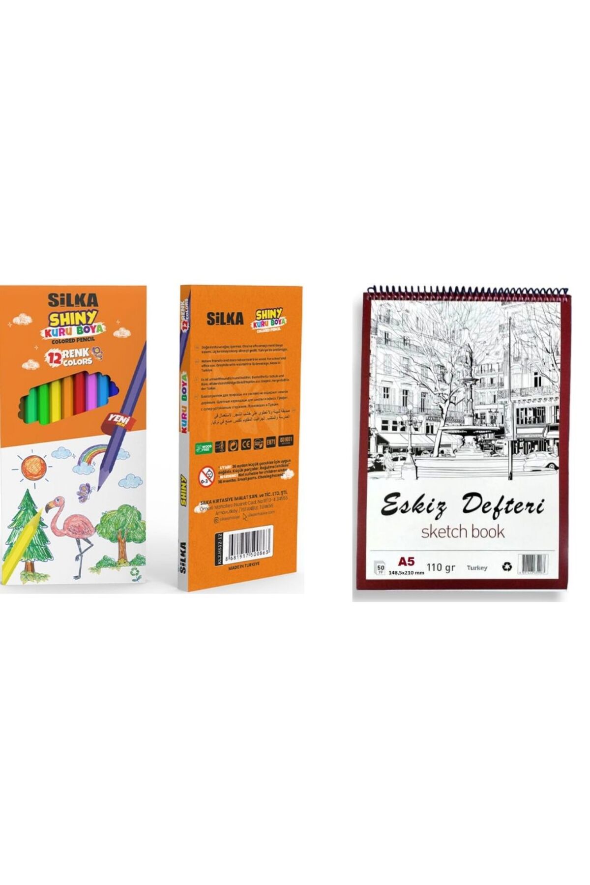 Silka Shiny Colored Pencil Kuruboya Uzun 12 Adet Renk Set Ana Renkler ve Eskiz Defteri a5 110gr 50 Yaprak