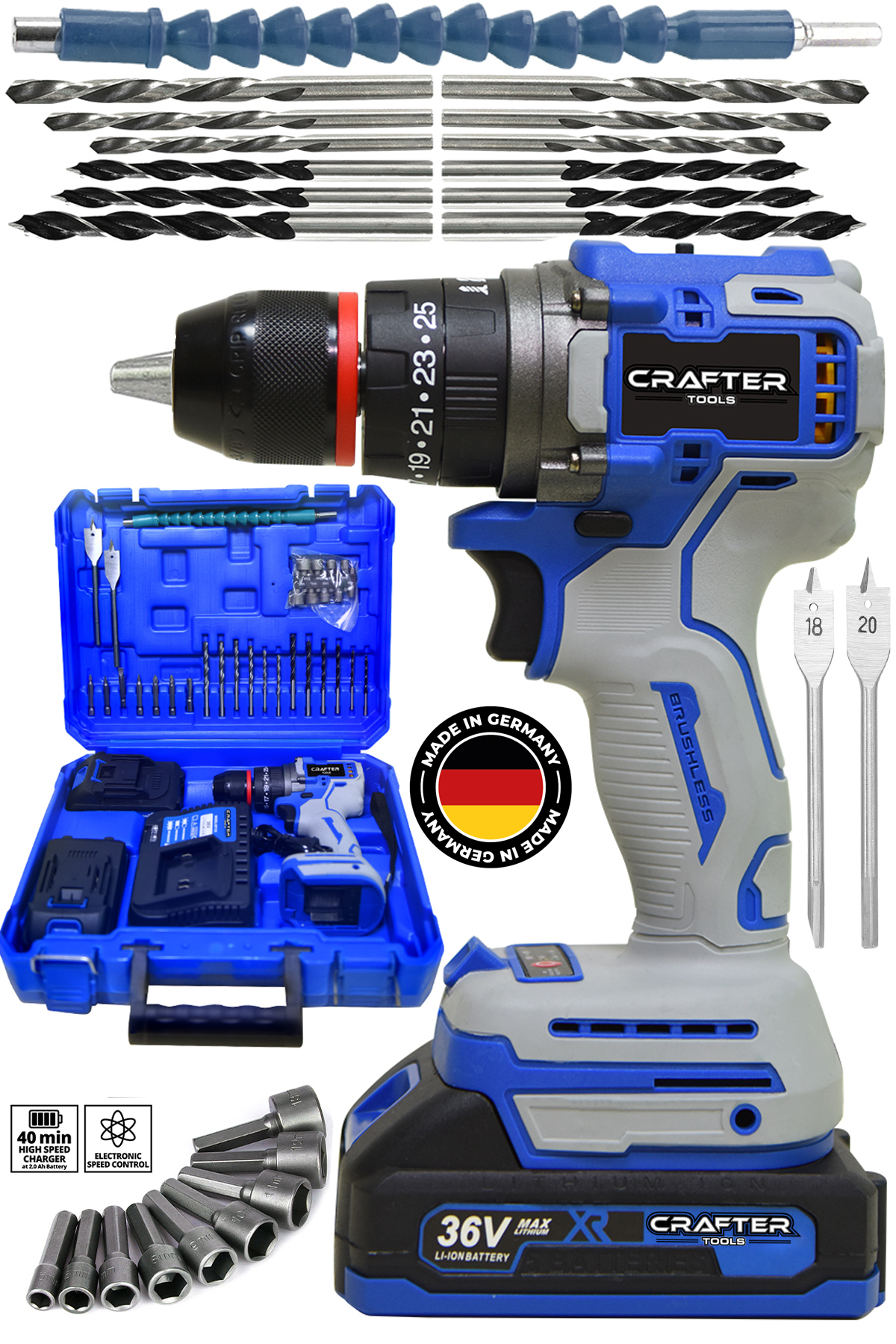 CRAFTERTOOLS 36V 5Ah Kömürsüz Motor Çelik Mandren Akülü Vidalama Darbeli Şarjlı Matkap Seti Mavi-Beyaz