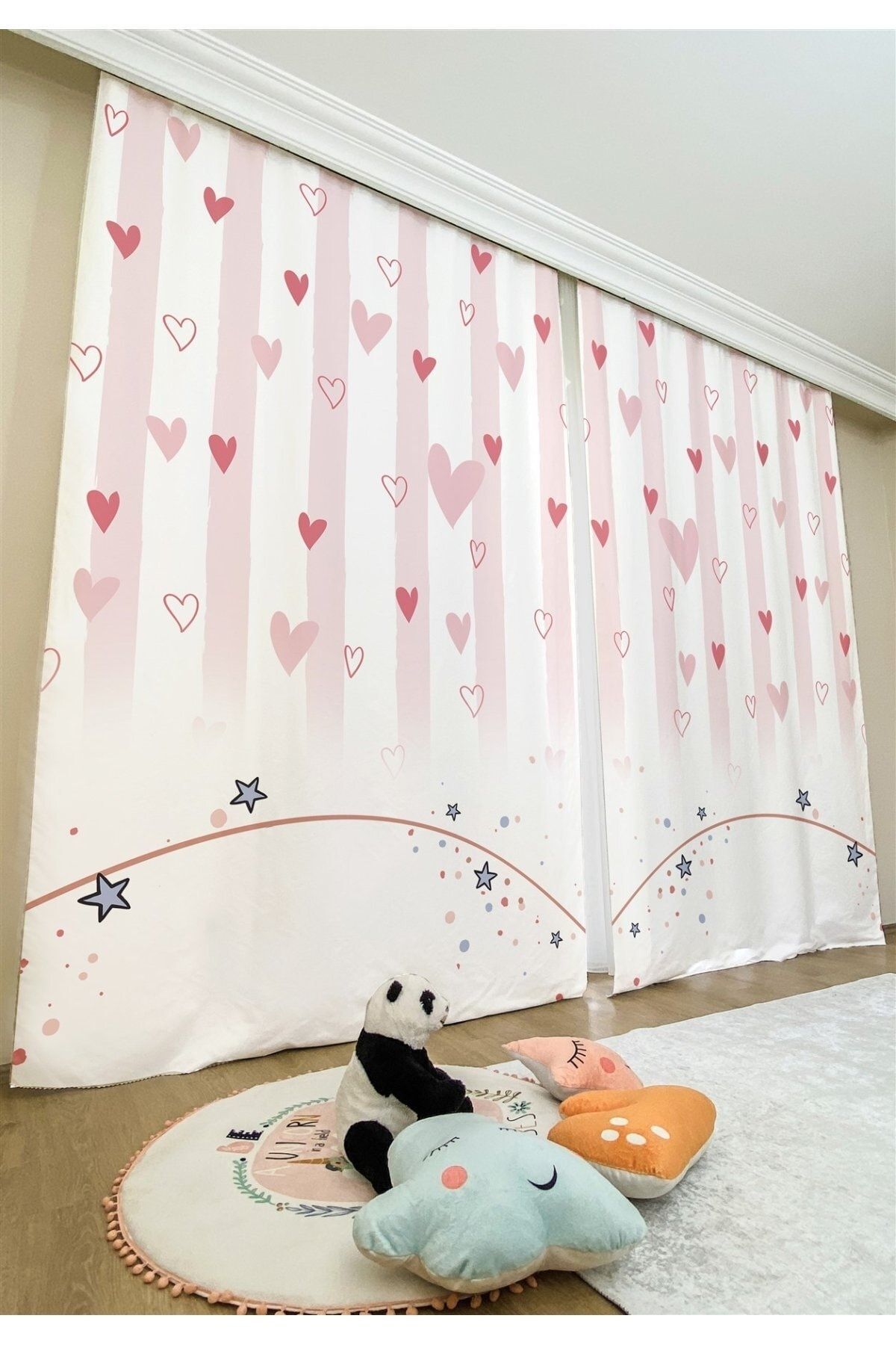 Evpanya Pembe Kalpler Desenli Çocuk & Bebek Odası Fon Perde (tek Kanat Fiyatlandırma) fotoğrafı 2 (önizleme)