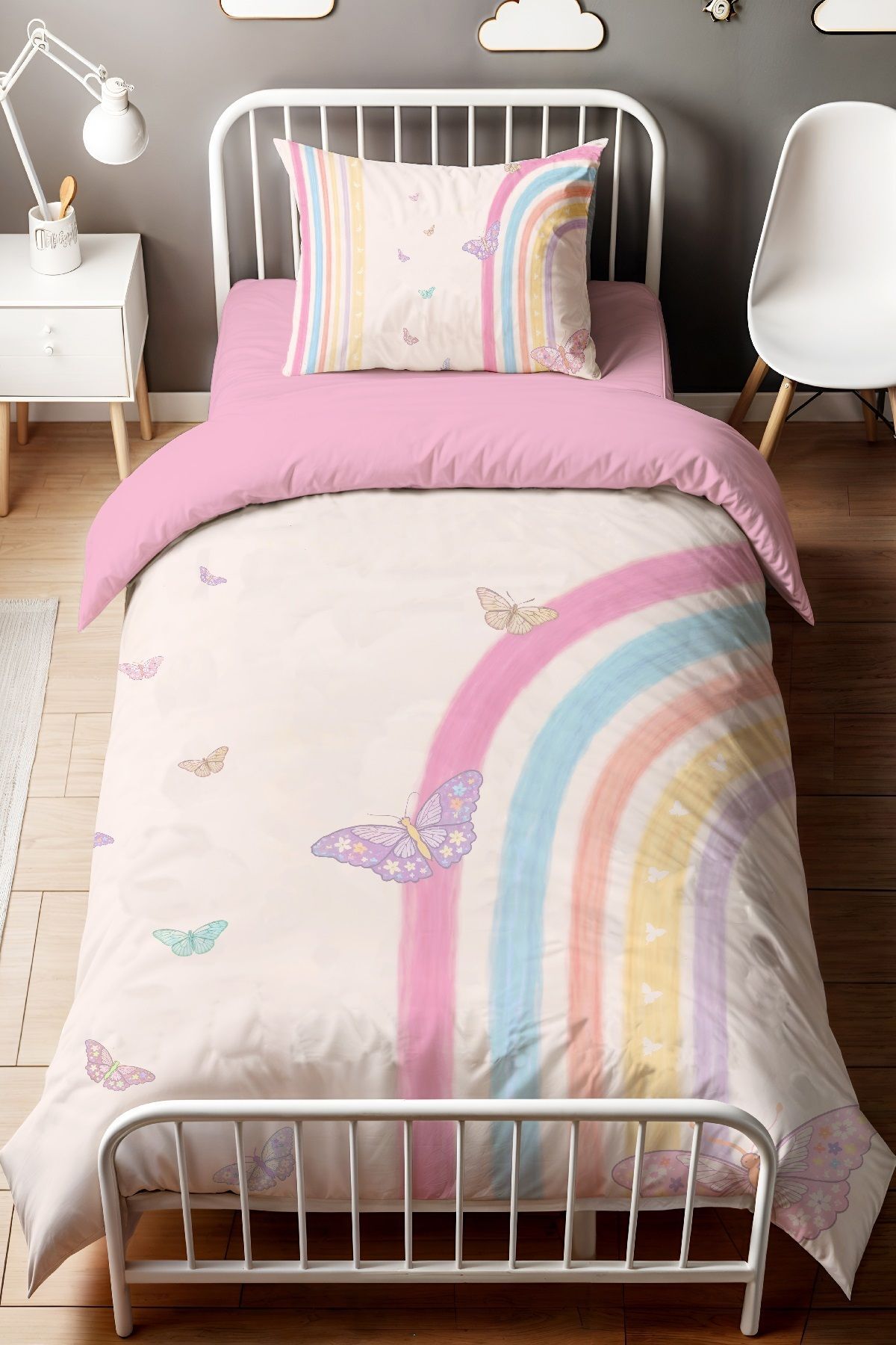 Evpanya Kelebekli Gökkuşağı Desenli Tek Kişilik Bebek Çocuk Nevresim Seti fotoğrafı 2 (önizleme)