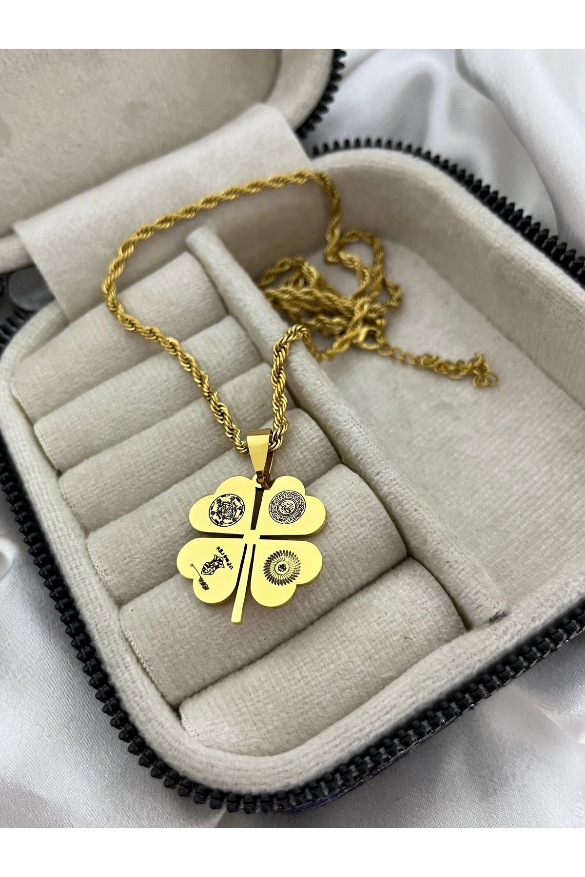 Prayer of Protection Steel Gold Clover Plate Necklace