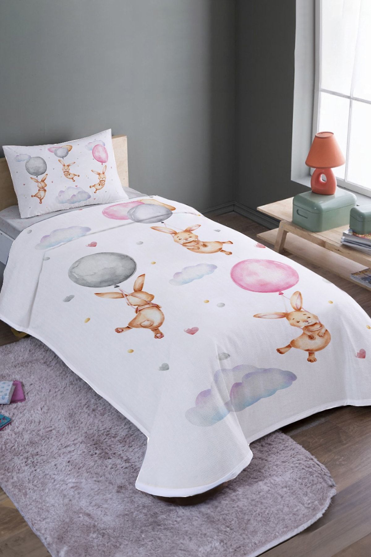 EVPANYA-Balloon Swinging Rabbits Patterned Single Pique Set and Bedspread 1