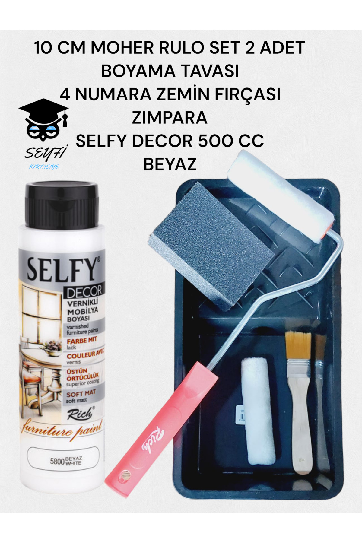 SEYFİKİRTASİYE Beyaz Selfy Decor 500 Cc (750 GR) Kendinden Vernikli Akrilik Dolap Boyama Seti Zımpara