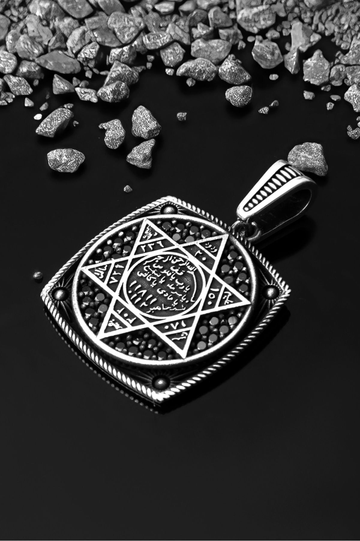 Gümüş Sanatı 925 Ayar Gümüş Mikro Taş Süleyman Mührü Erkek Kolye Ucu