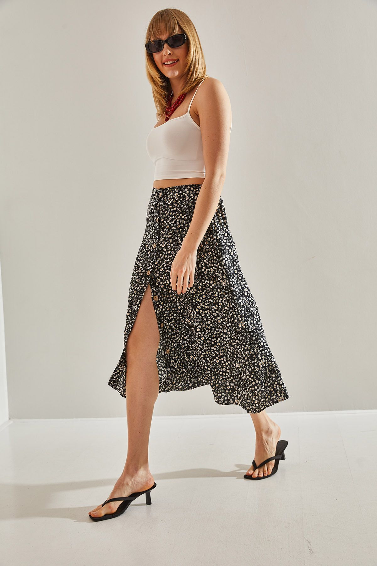 Bianco Lucci-Black Midi Women's Skirt - Patterned with Button Detail and Elastic60251012 5