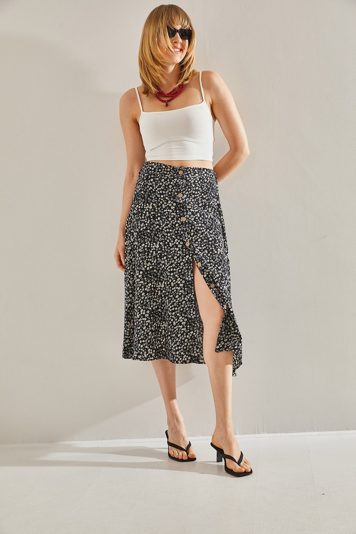 Bianco Lucci-Black Midi Women's Skirt - Patterned with Button Detail and Elastic60251012 6