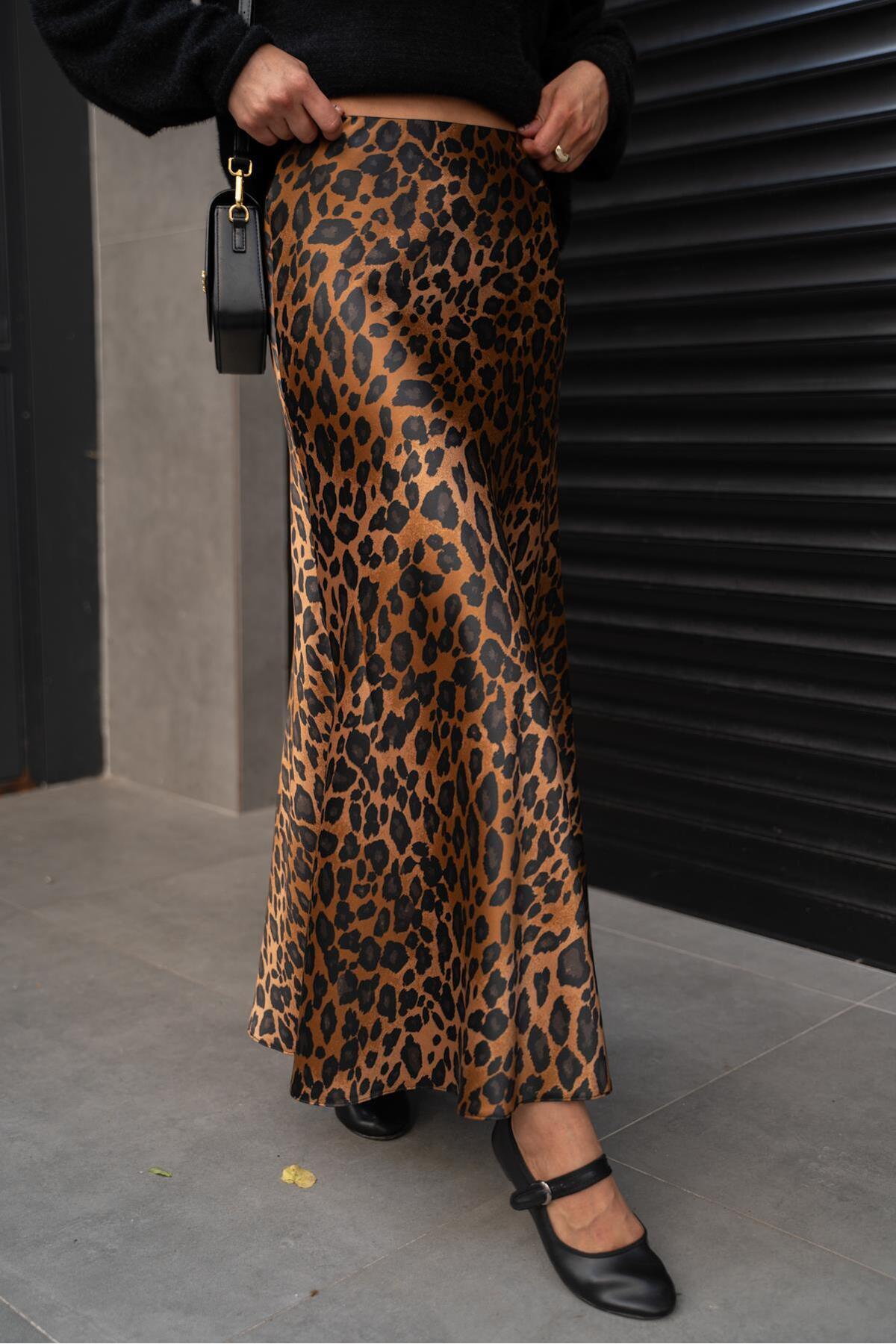 Coffee Elastic Waist Leopard Pattern Satin Skirt - Görsel 2