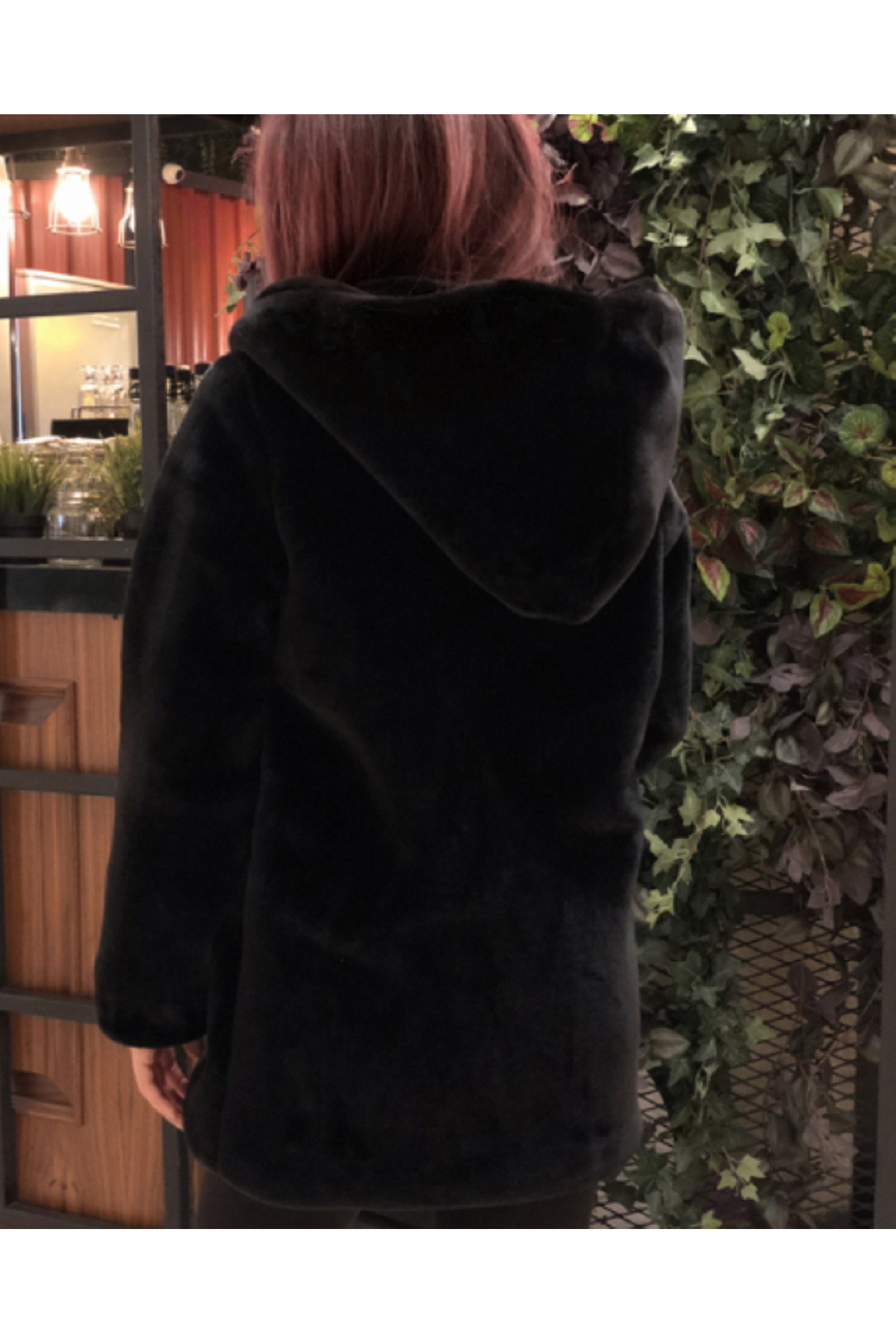 Benedetto  Kadın Siyah Peluş Kaban, Kapüşonlu Peluş Mont Kaban, Cepli - Görsel 2