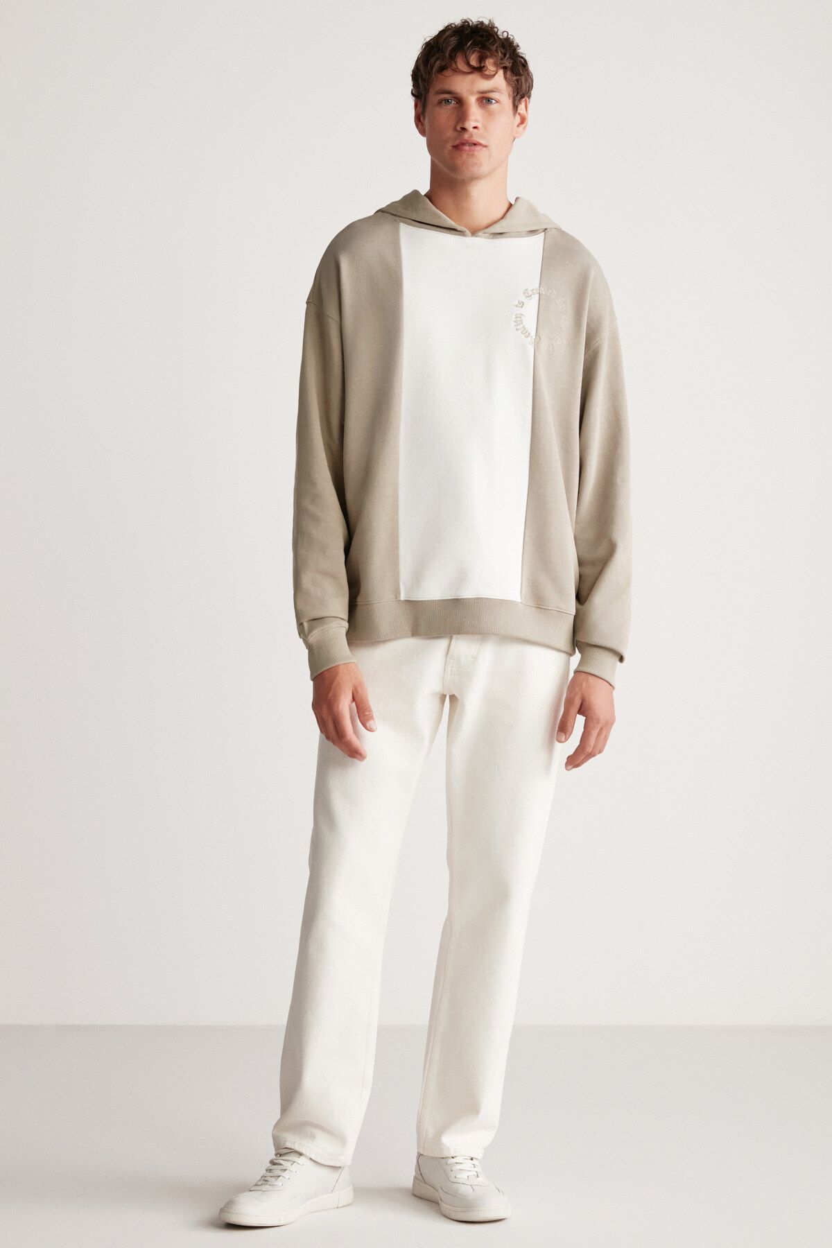 GRIMELANGE-Timothy Men's Contrast Piece Embroidered Hooded Light Khaki Sweatshirt 5