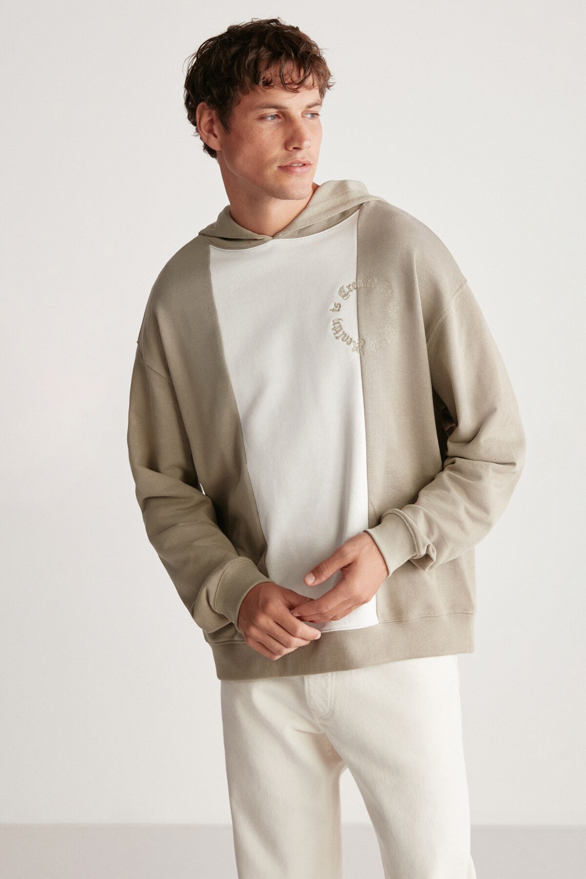 GRIMELANGE-Timothy Men's Contrast Piece Embroidered Hooded Light Khaki Sweatshirt 1