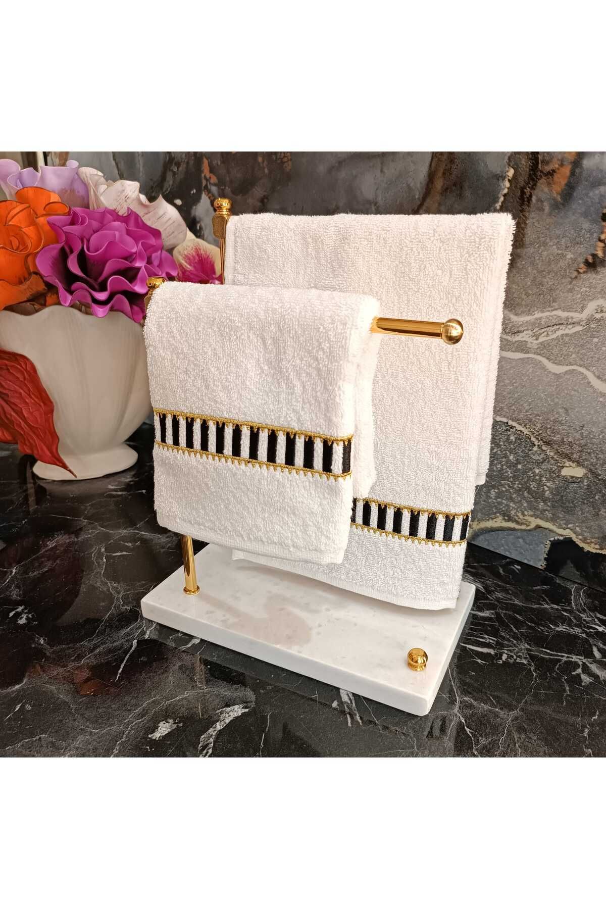 Pip Studio Desenli Siyah Beyaz Ve Gold Detaylı Nakışlı Dekoratif Mutfak Ve Banyo Havlusu 2 Adet