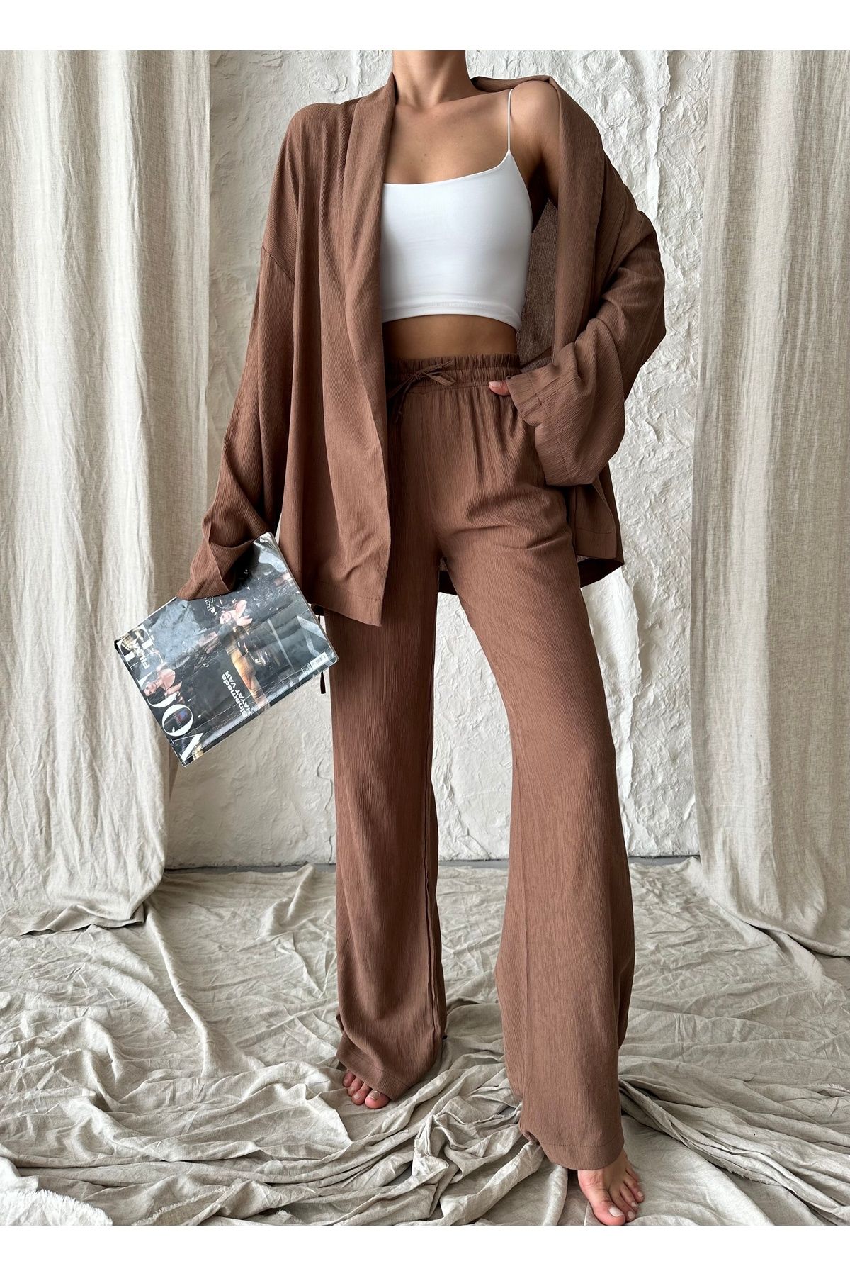 Laluvia-Braunes Set mit Kimono und Hose mit Schalkragen 2