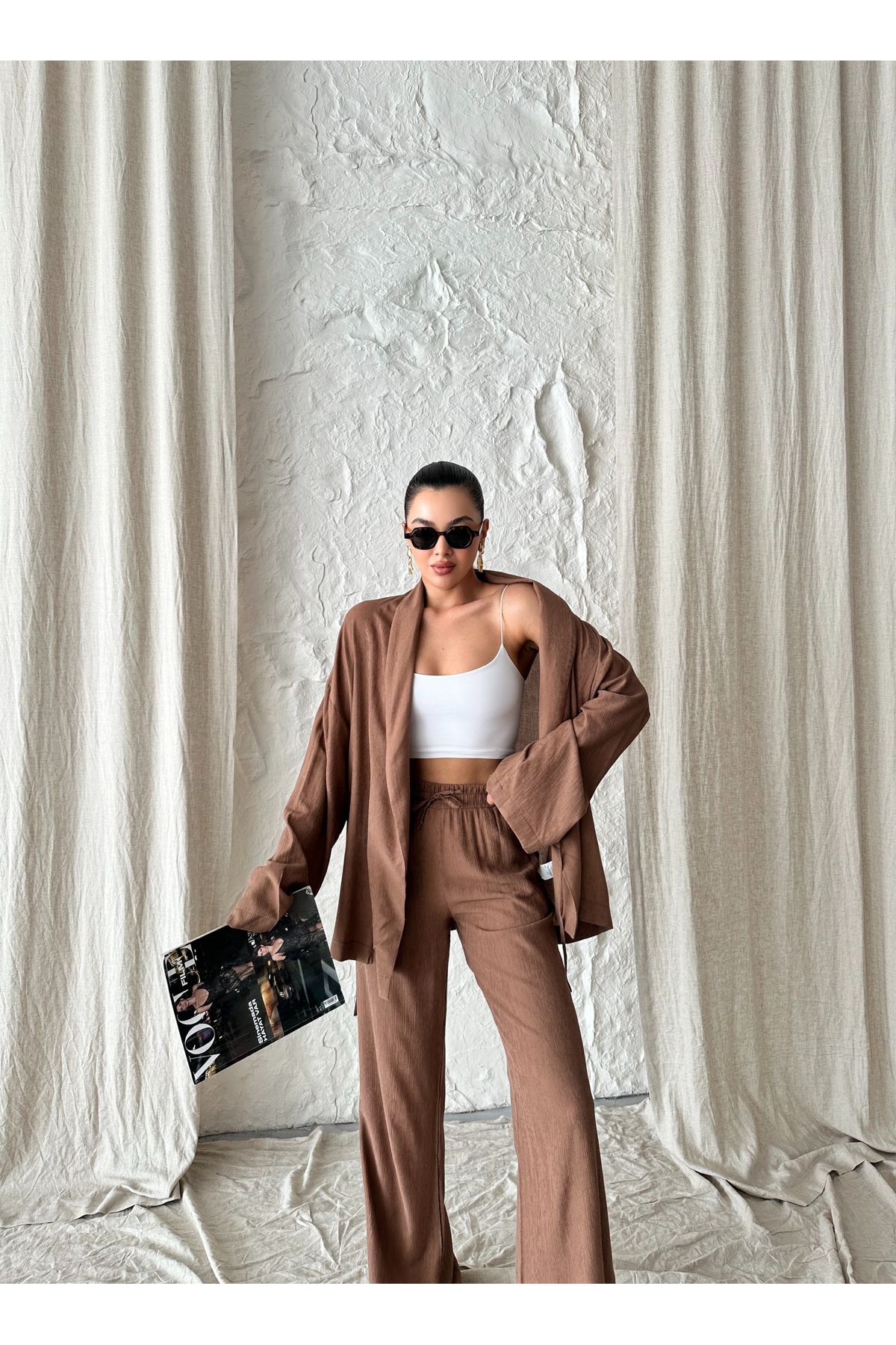 Laluvia-Braunes Set mit Kimono und Hose mit Schalkragen 4