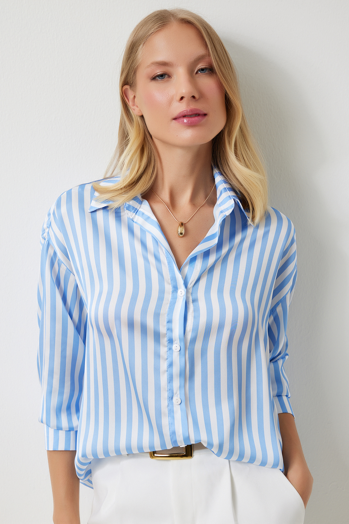 Happiness İstanbul Women's Blue and White Striped Draped Satin Look Shirt DD01324
