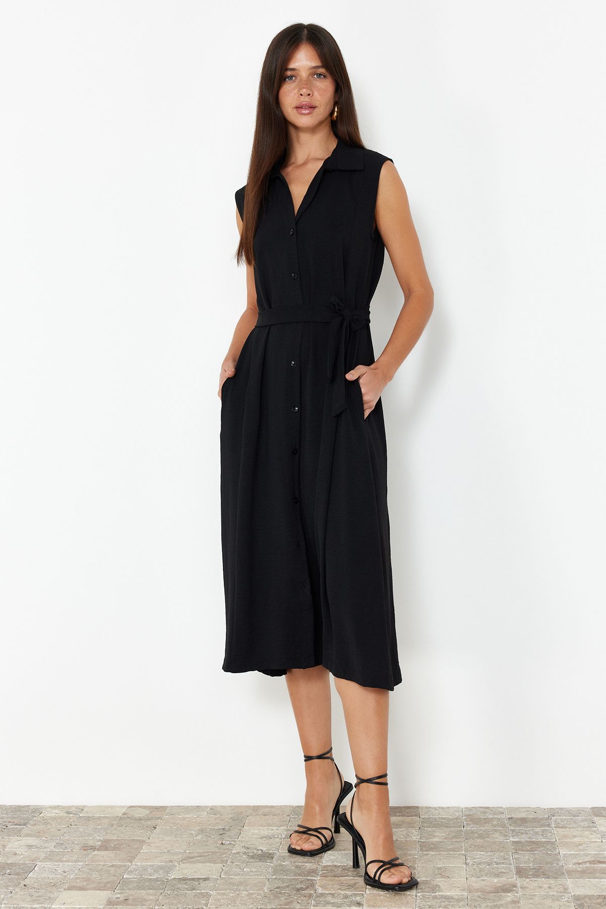 Trendyol Collection Black Midi Shirt Dress Sleeveless Belted Woven Twoss24El00984 Trendyol