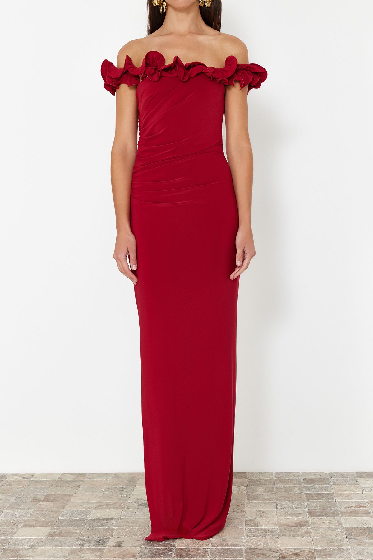 Trendyol Collection-Rochie de seara lunga tricotata rosie - TPRSS24AE00082 4
