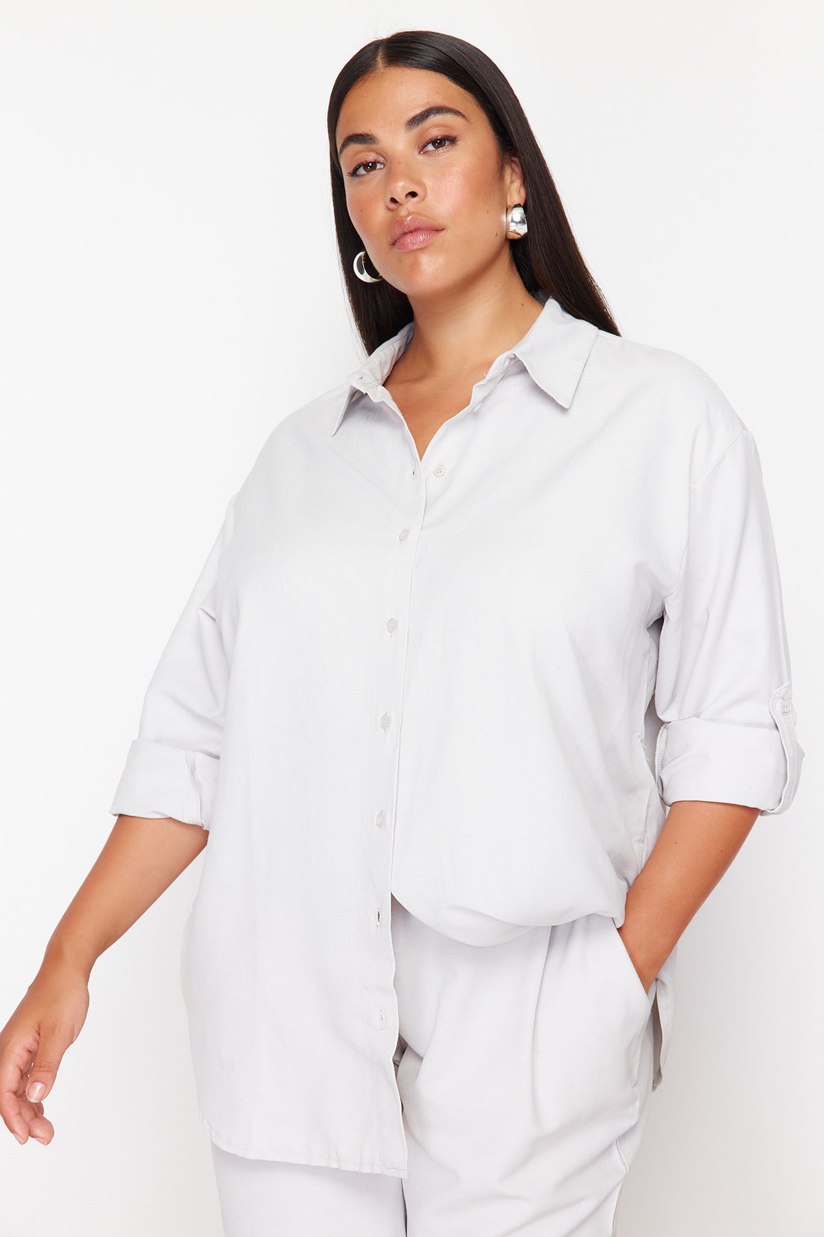 Trendyol Curve-Beige Woven Plus Size Bottom-Top Set 2