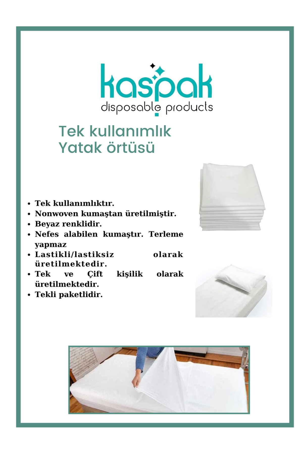 Kaspak disposable products Tek kullanımlık yatak örtüsü Tek kişilik lastikli 100*240 cm 10 adet