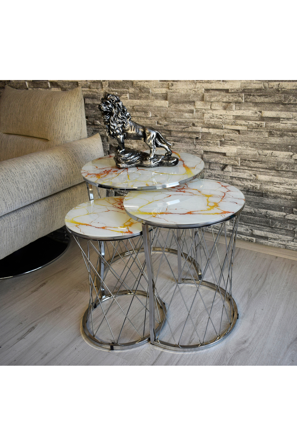 3 lü Hasır Model Beyaz Sarı Mermer (Temperli Cam) Gümüş Ayak Zigon Sehpa