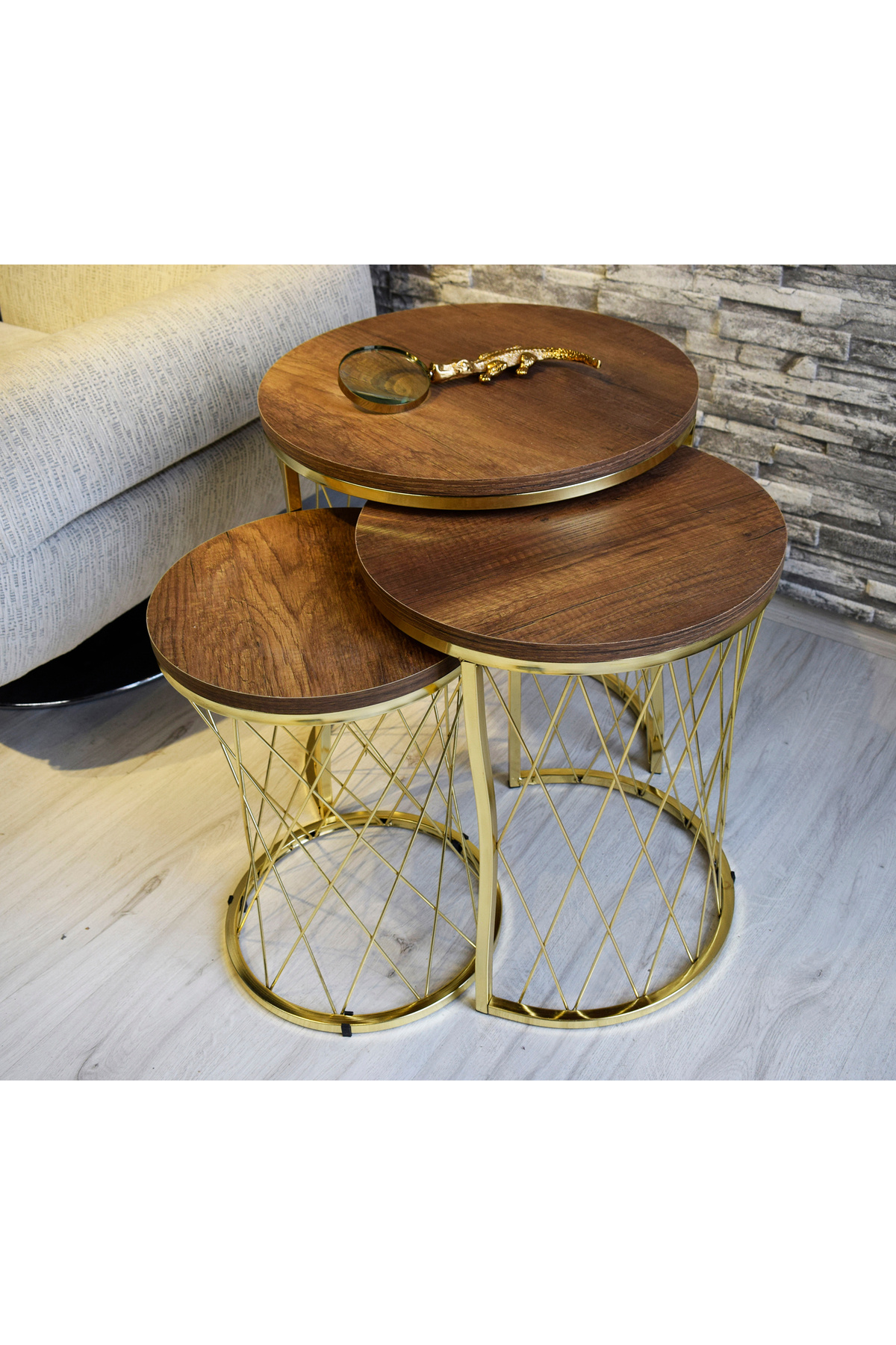 Hasır Telli Koyu Ceviz Gold Metal Ayak Zigon Sehpa