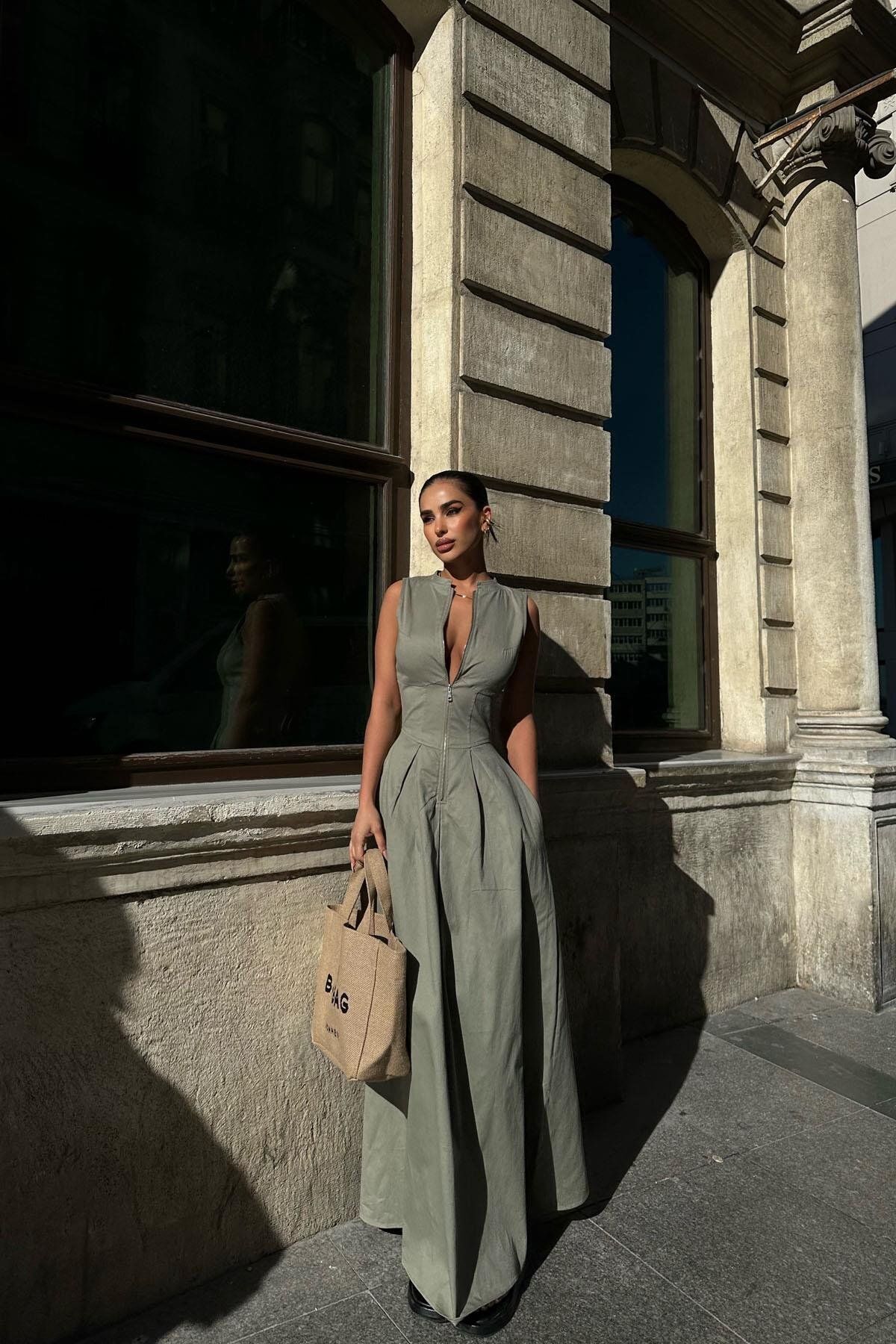 fmnbutik  pinterest kadın fermuarlı bele oturan geniş çanak etekli keten kumaş sıfır kollu muadil elbise - Görsel 4