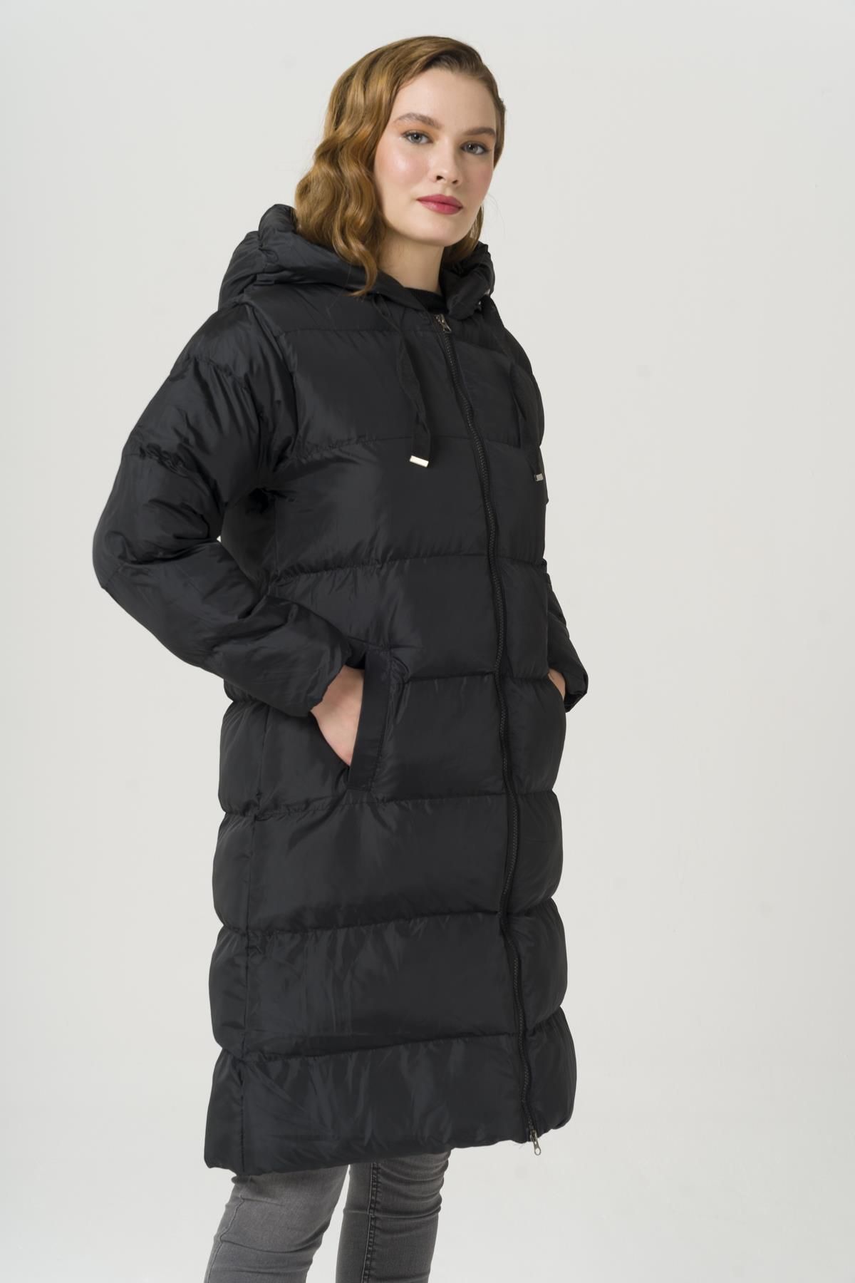 Olcay-Puffermantel aus Grosgrain mit Kapuze, Schwarz, 6404 3