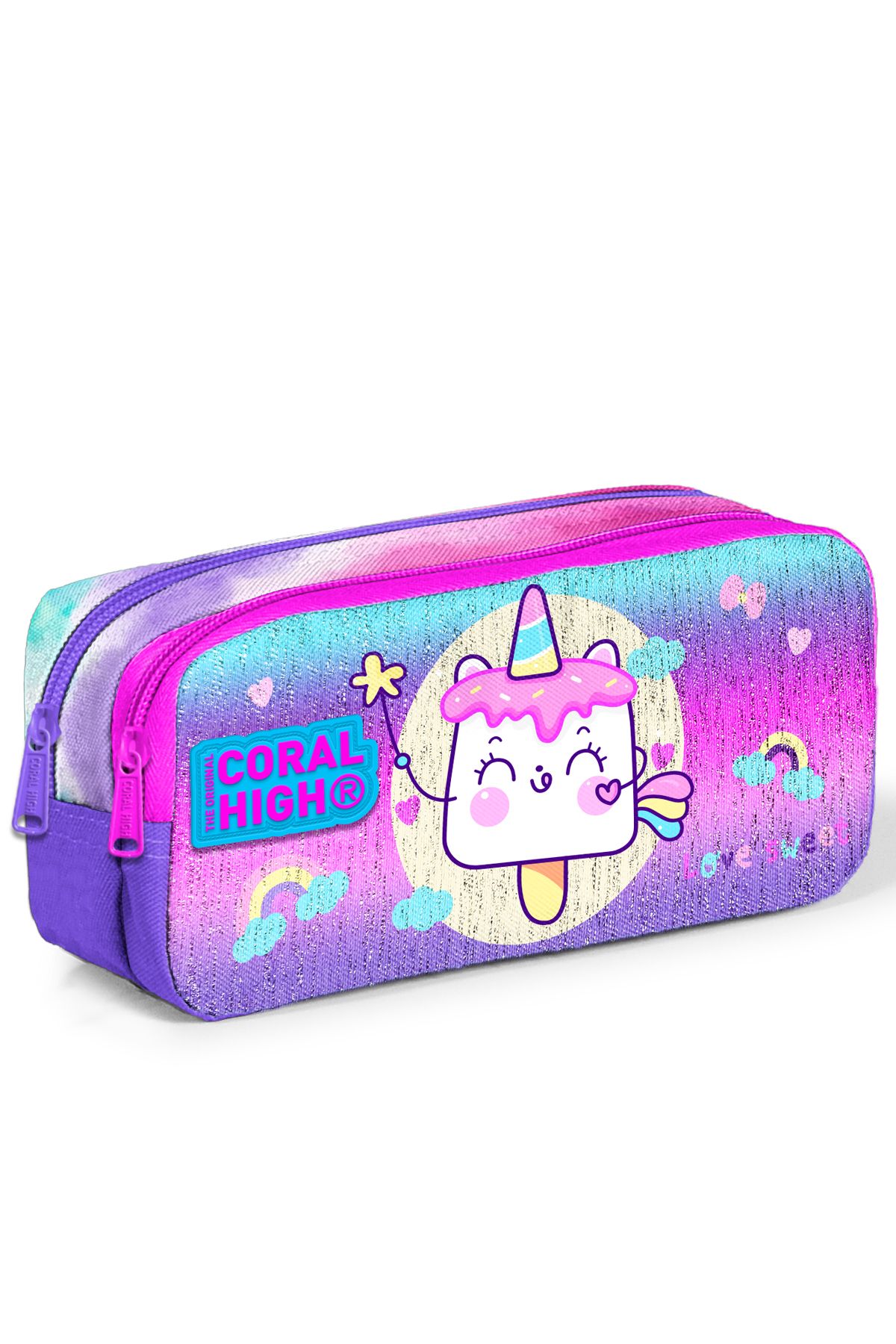 Coral High 12053 Model Colorat Batik Unicorn Model Înghețată Geantă Creion Cu Două Compartimente - Mărime unică