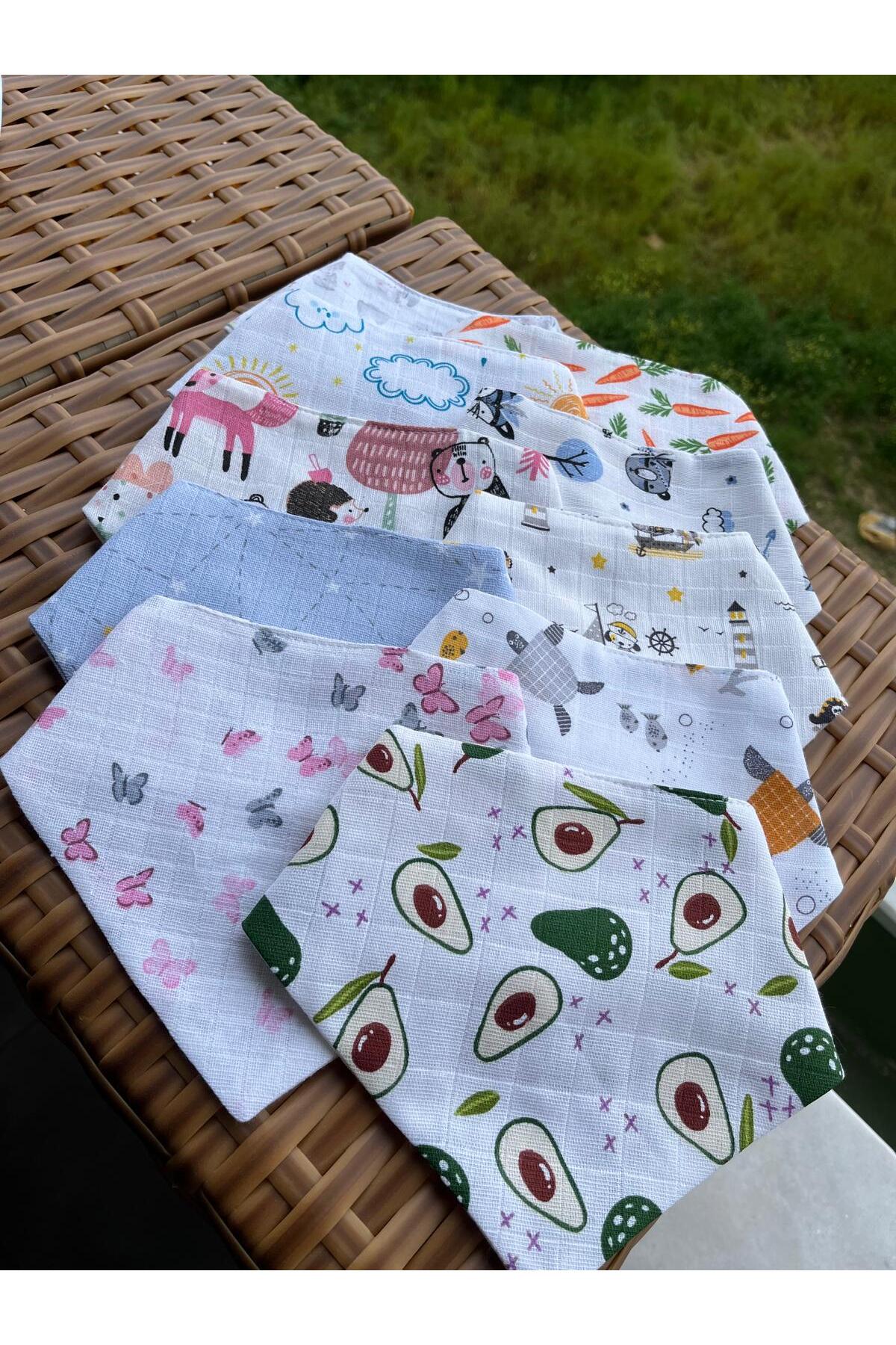 mugaSA - %100 Organik Bebek Önlüğü, Fular, Muslin, Mama Önlüğü, Çıtçıtlı 10'lu ,çift Katlı Desenli fotoğrafı 4 (önizleme)