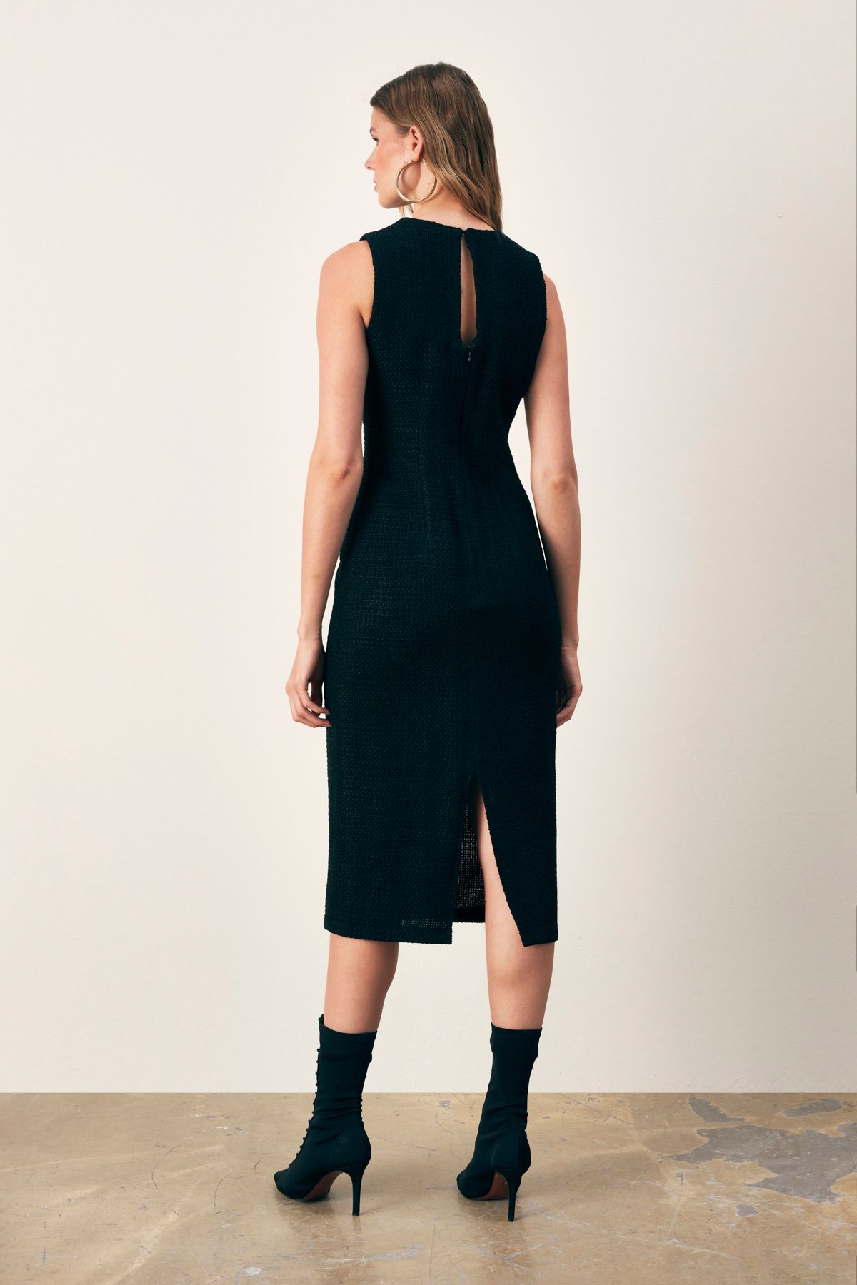 Sateen-Sleeveless Long Tweed Dress - BLACK 7