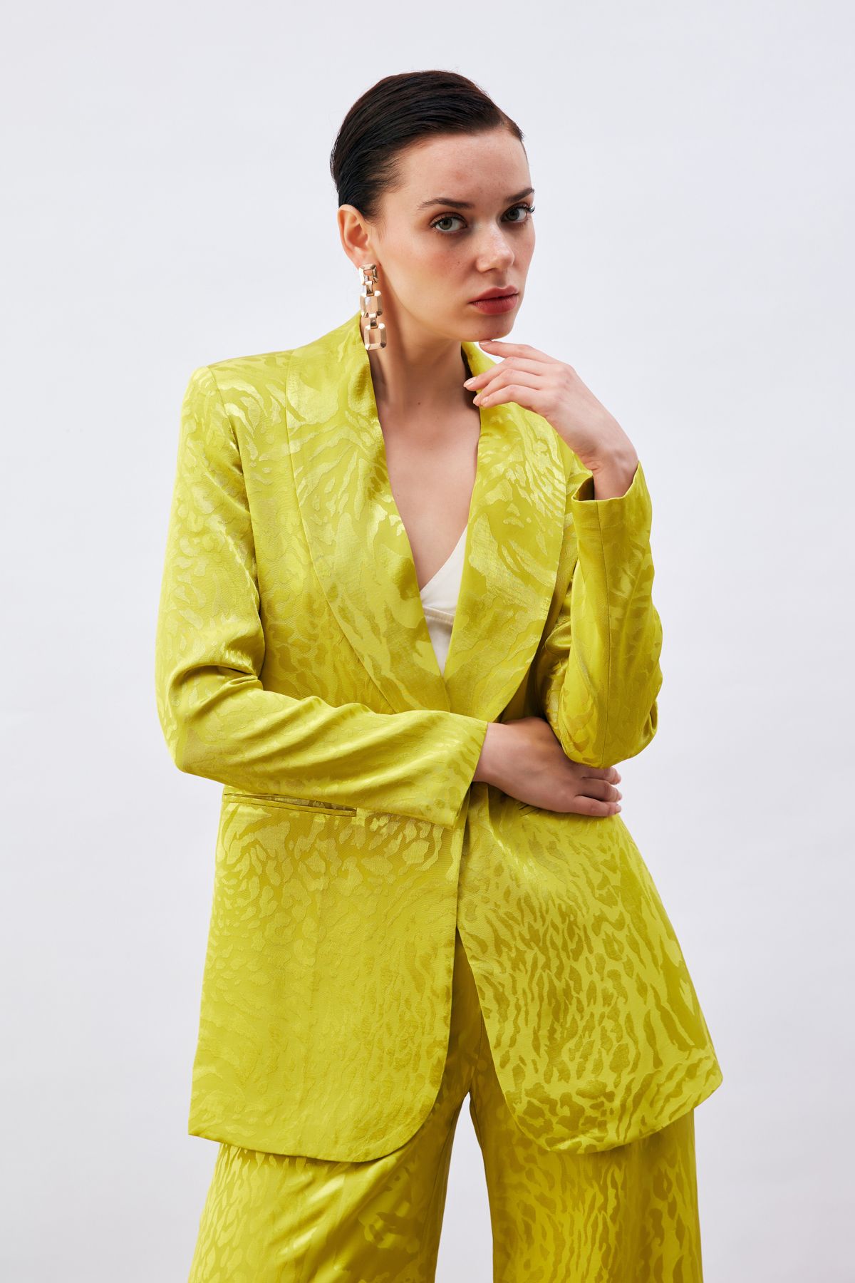 Sateen-Jachetă din satin cu model verde ulei 3