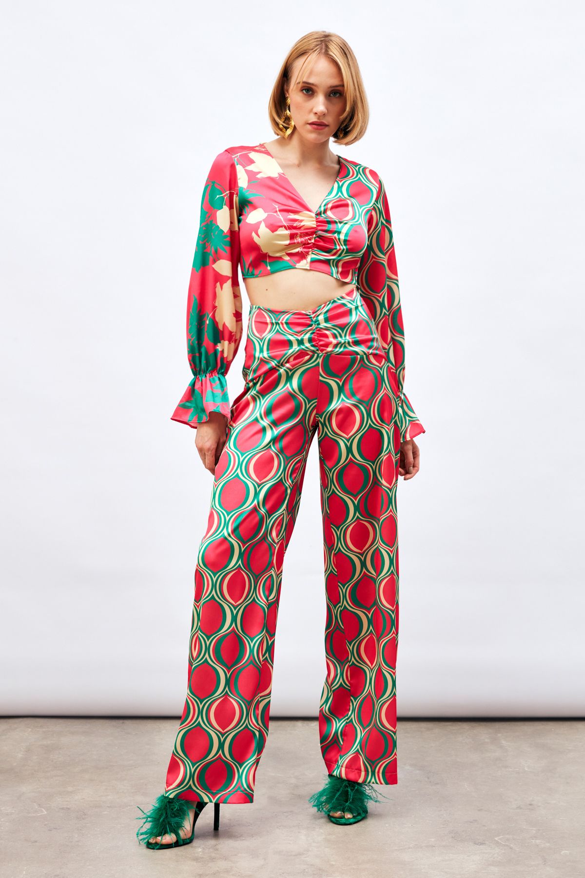 Sateen-Fuchsia Patterned Loose Trousers - Front Drawstring 4