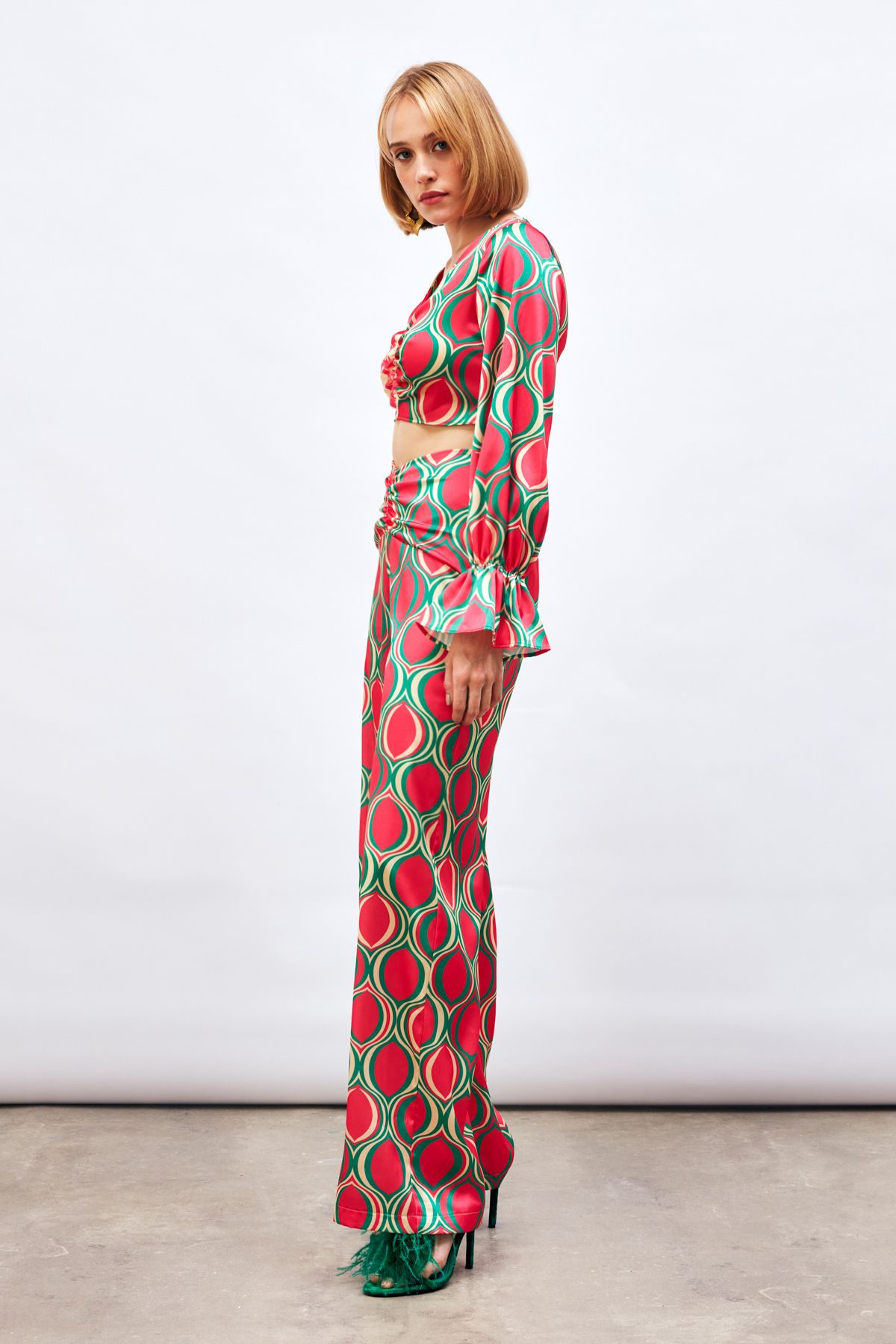 Sateen-Fuchsia Patterned Loose Trousers - Front Drawstring 5