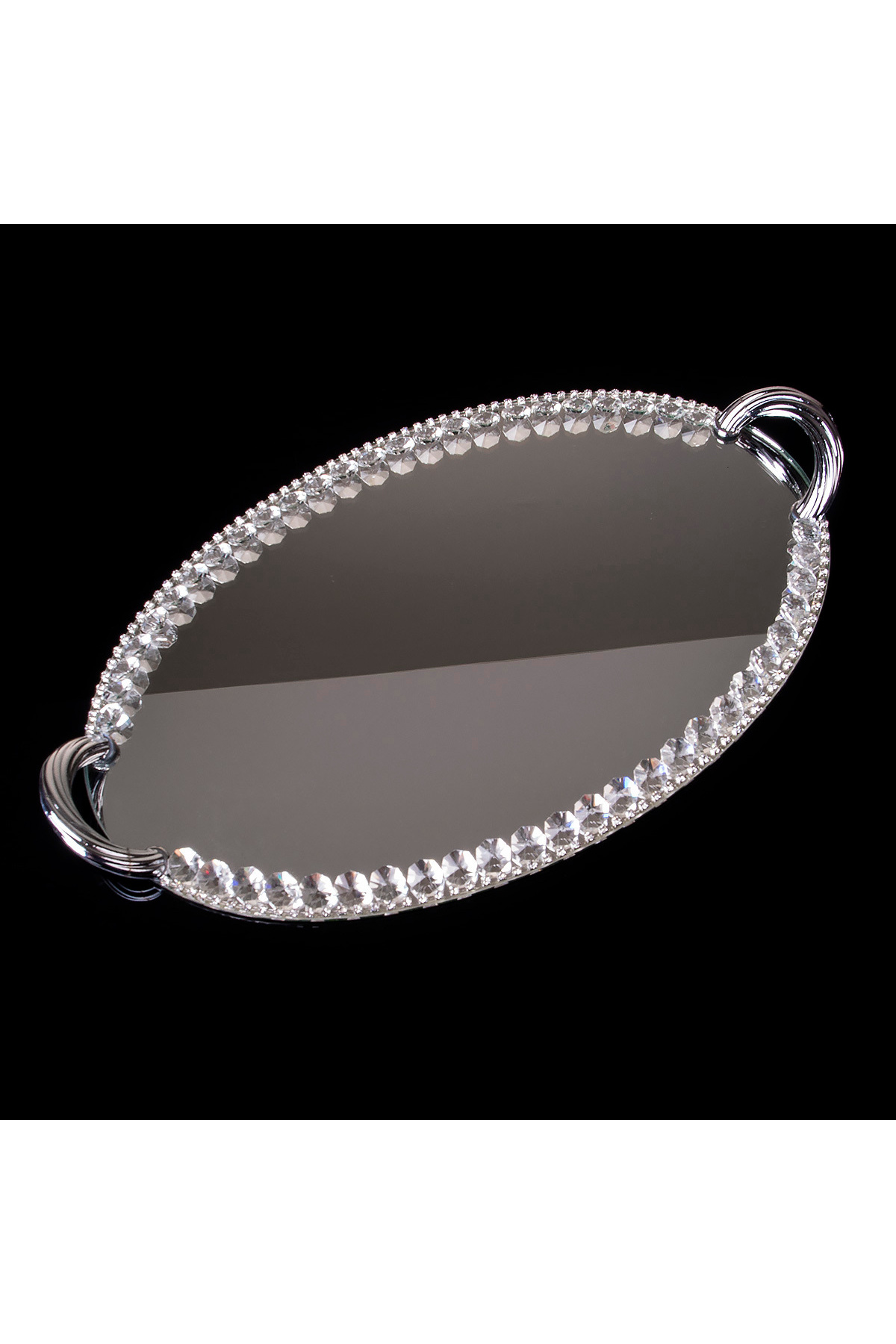 Hinora Kristal Küçük Oval Aynalı Söz Nişan Tepsisi Gümüs 34x20cm