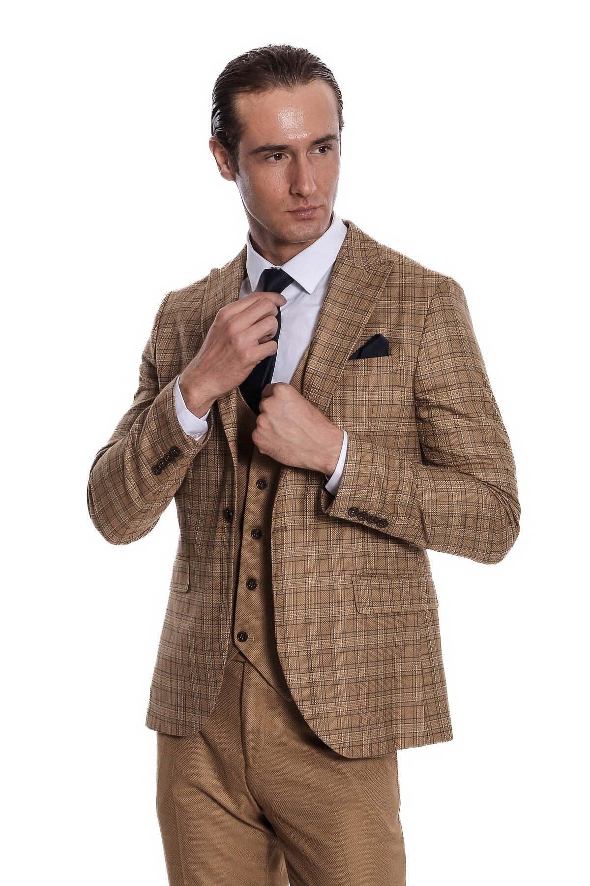 Ekose Ceketli Slim Fit Taba Erkek Takım Elbise - Wessi — قهوه‌ای TY-1436-515146 — تصویر 6 از 7