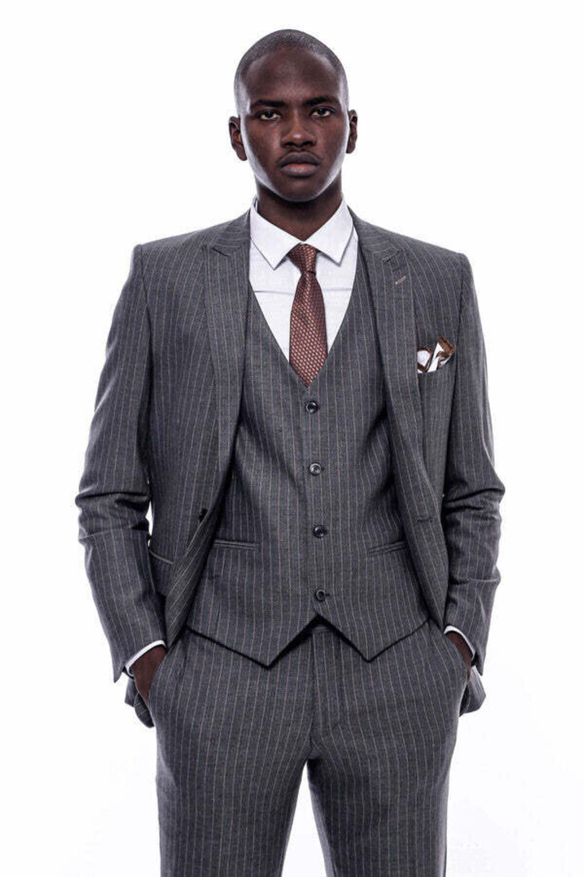 Wessi Çizgili Slim Fit Antrasit Erkek Takım Elbise