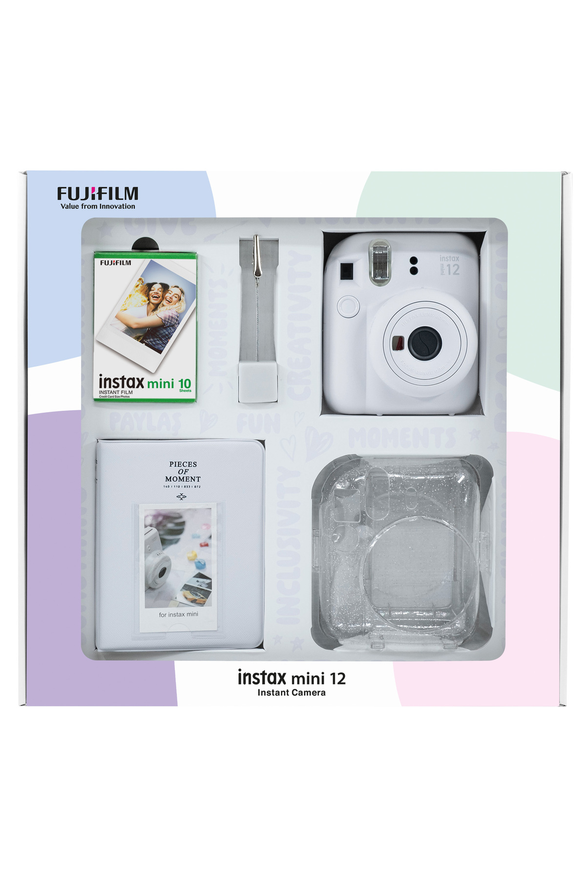 Fujifilm Instax mini 12 Beyaz Fotoğraf Makinesi 10'lu Film Simli Pleksi Kılıf PVC Albüm ve Kıskaçlı Resim Sta