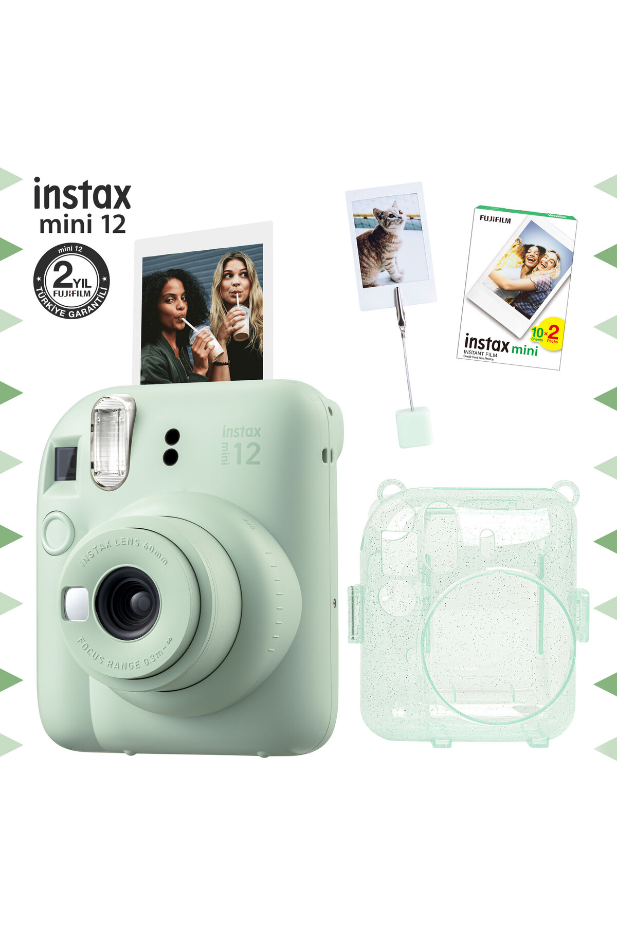 Instax Mini 12 Green Camera - 20-Piece Film - Picture Stand with Gripper and Glitter Plexiglass