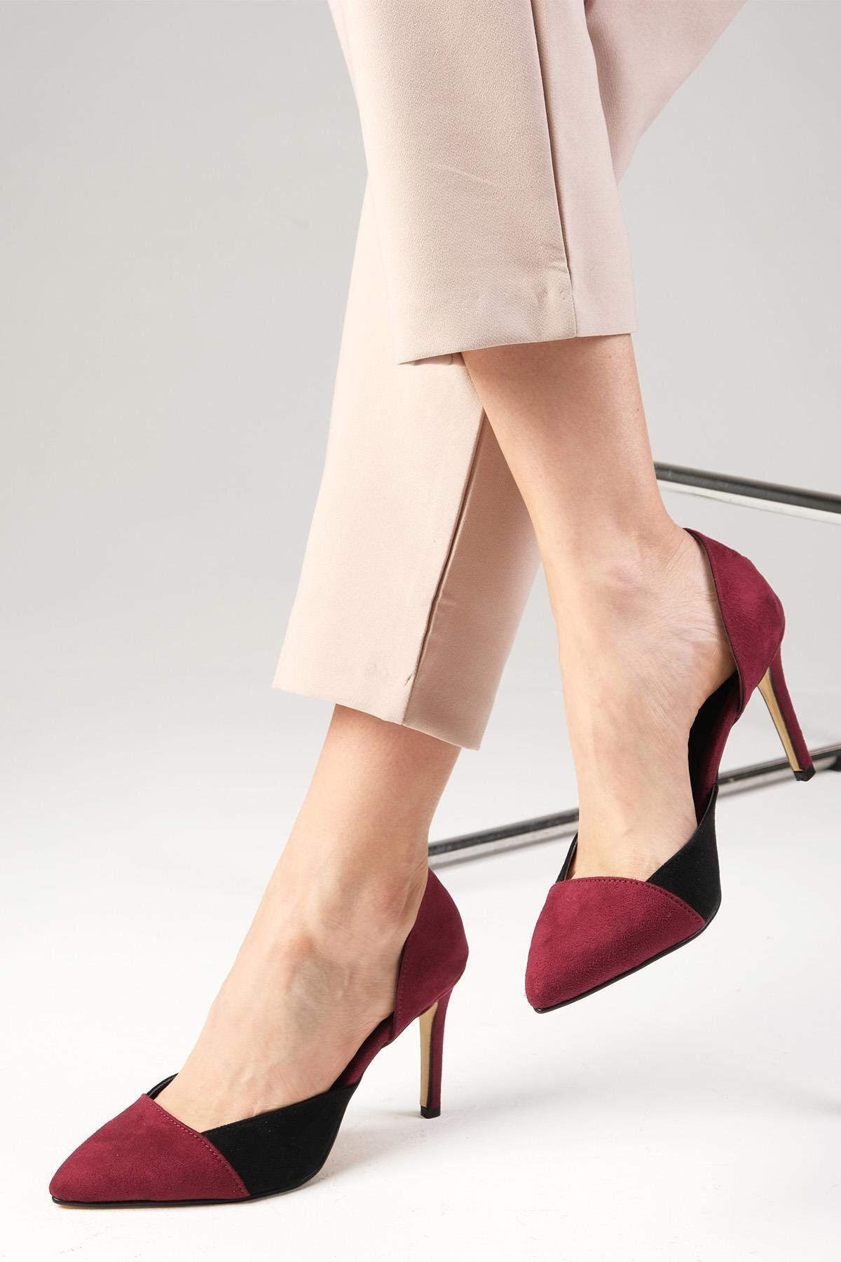 Mio Gusto-Brien – Wildlederschuhe mit Farbblockierung in Burgunderrot und Schwarz für Damen mit Stilettoabsatz 1