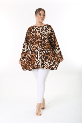 XL Modam KADIN UZUN KOL KAPLAN DESENLİ LİKRALI TUNİK