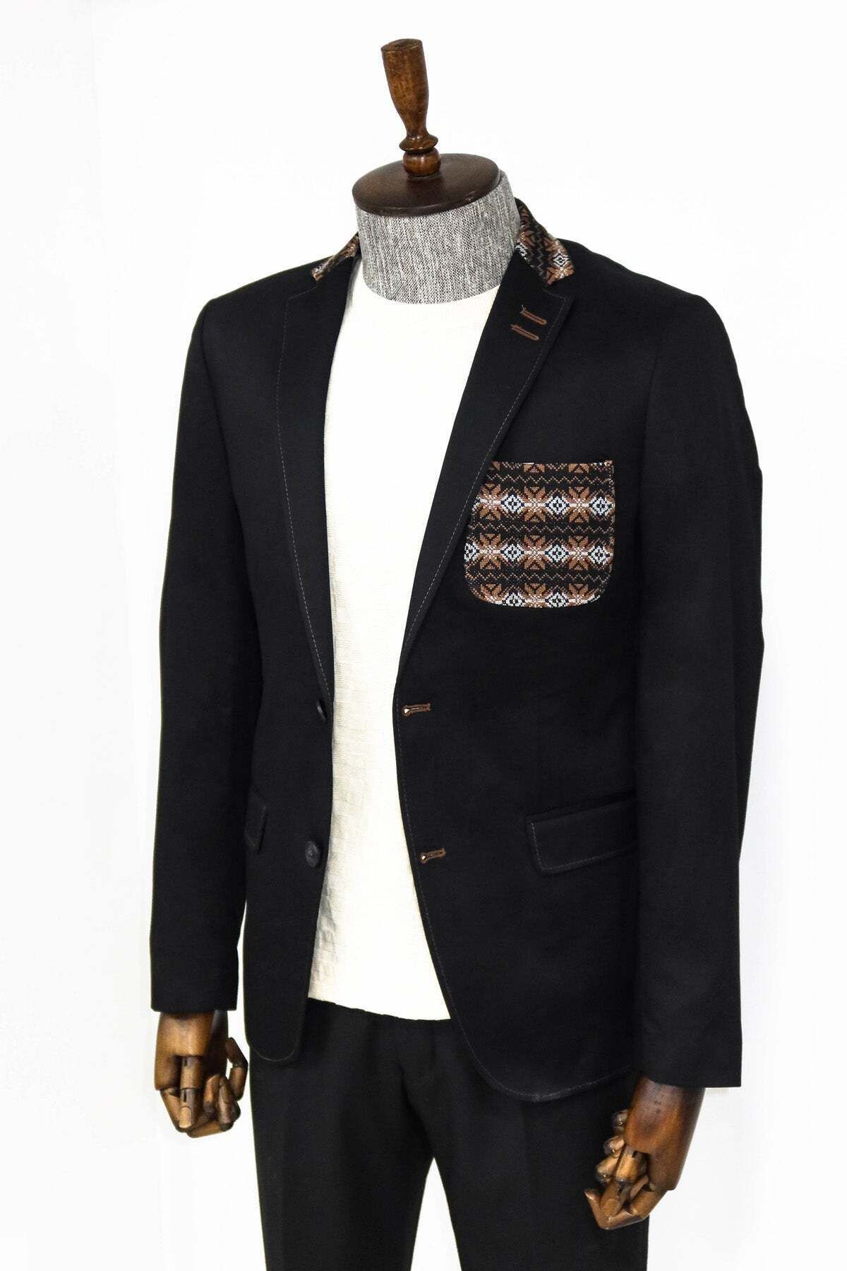Wessi-Black Men's Knitted Collar Jacket - Double Button - Wessi 3
