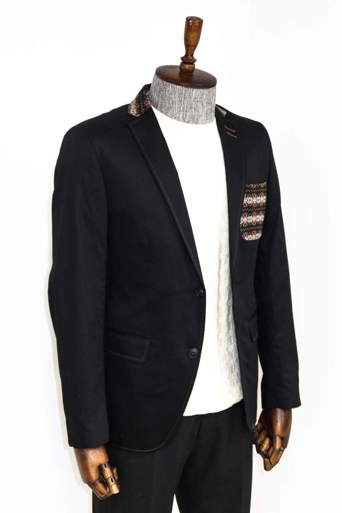 Wessi-Black Men's Knitted Collar Jacket - Double Button - Wessi 4